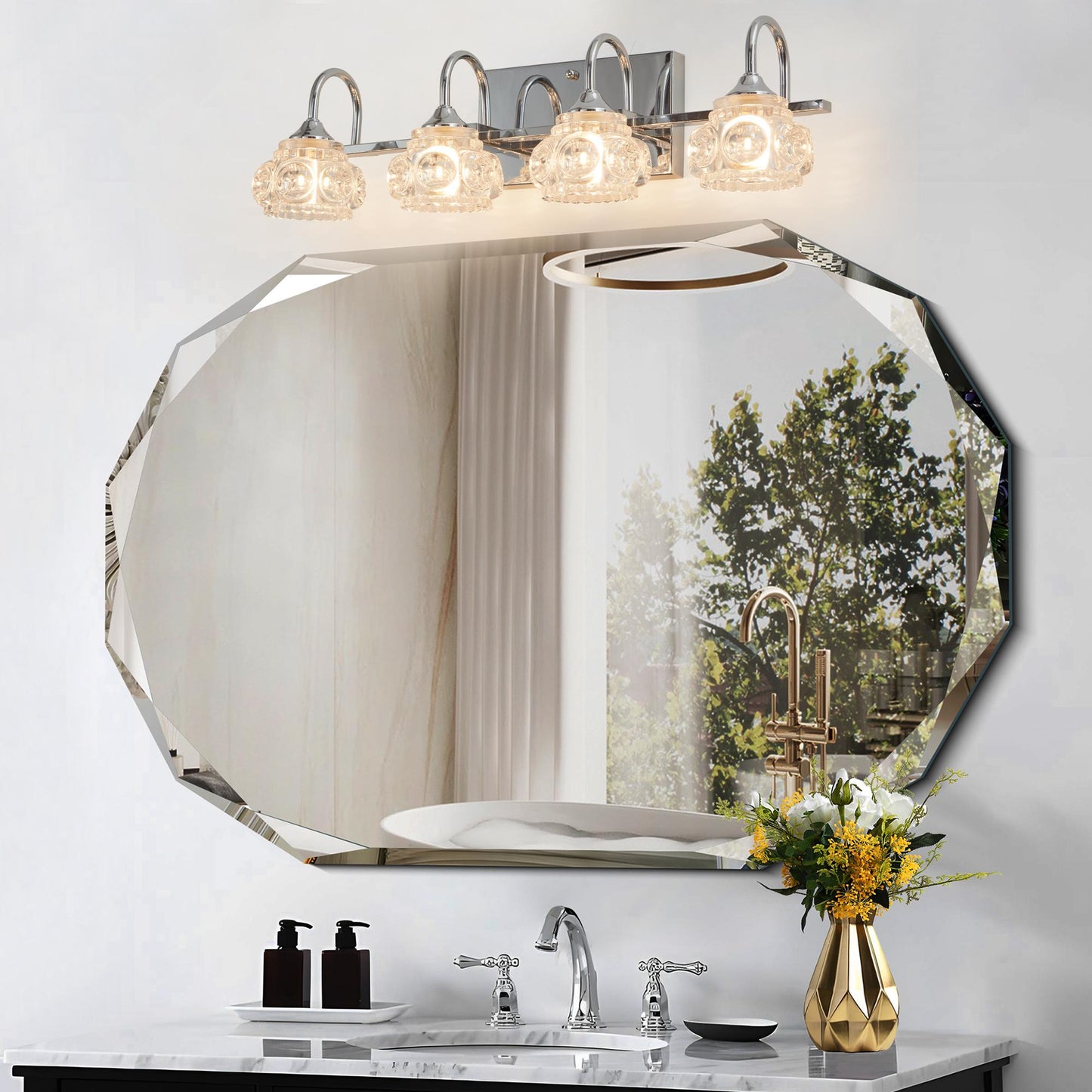 23" Brushed Nickel Finish Vintage Crystal Vanity Light - Elegant 4-Light Bathroom Mirror Fixture with Clear Glass Shades (No Bulbs)