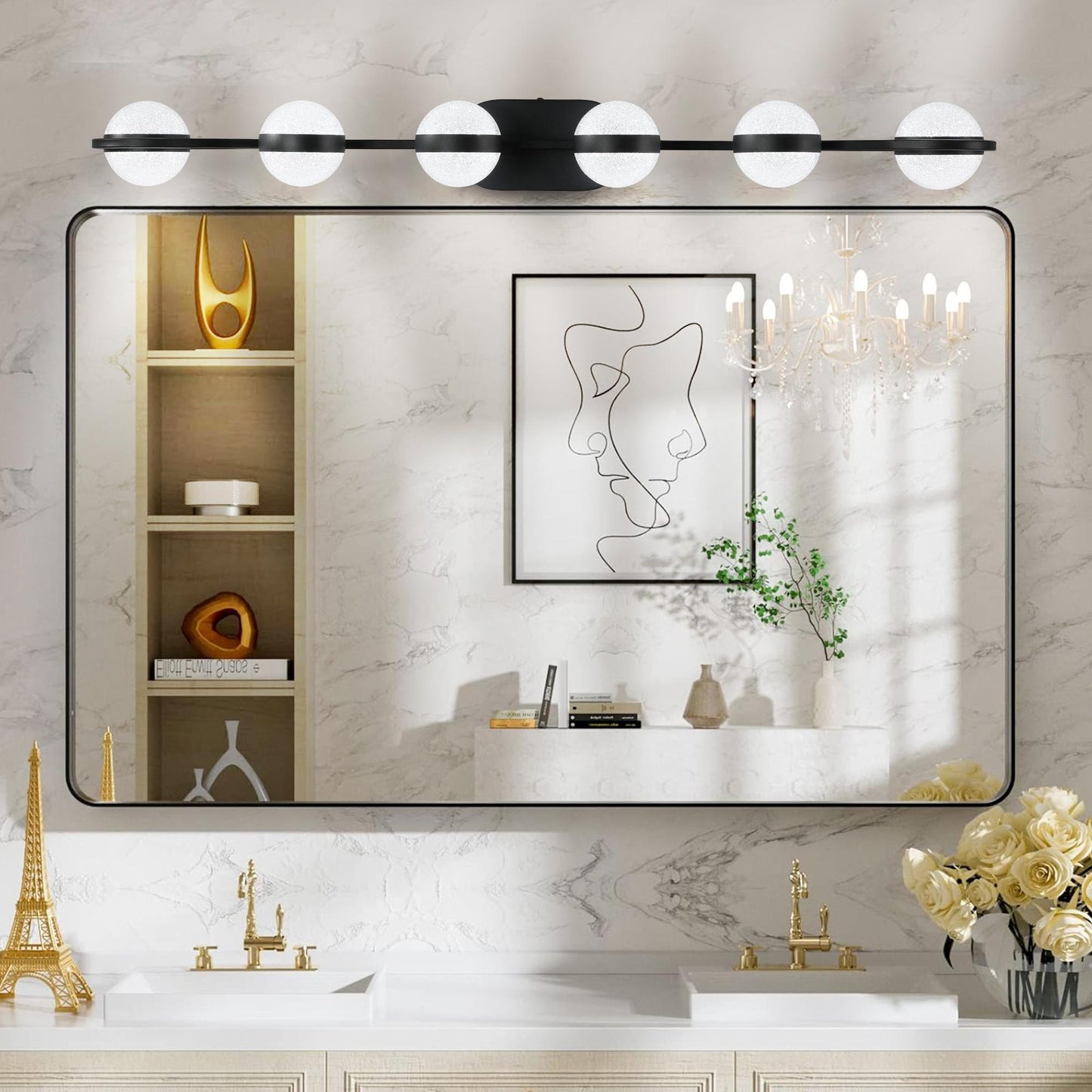 43" Black Minimalist LED Bathroom Vanity Light with Crystal Sand Acrylic Shades,6-Light Wall Mounted Decorative Lighting Fixture, Suitable for Bathroom Vanity Mirror