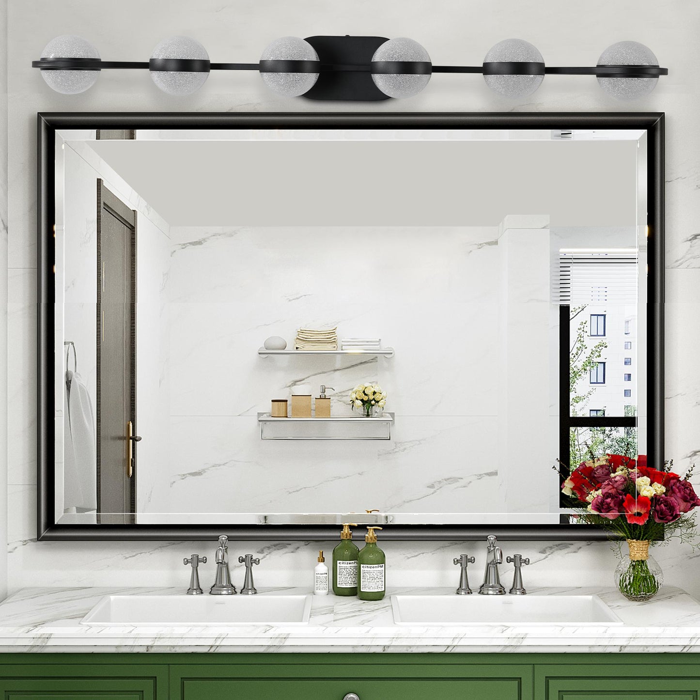 43" Black Minimalist LED Bathroom Vanity Light with Crystal Sand Acrylic Shades,6-Light Wall Mounted Decorative Lighting Fixture, Suitable for Bathroom Vanity Mirror