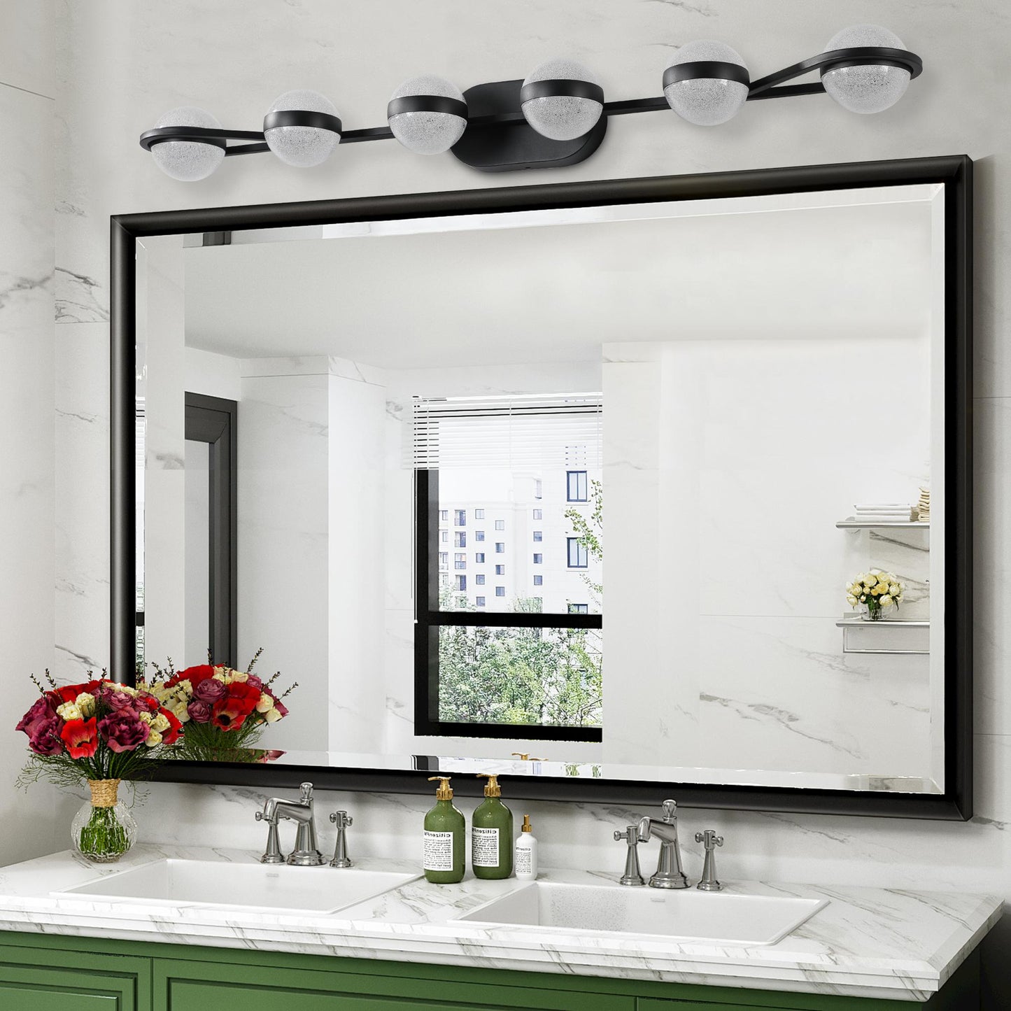 43" Black Minimalist LED Bathroom Vanity Light with Crystal Sand Acrylic Shades,6-Light Wall Mounted Decorative Lighting Fixture, Suitable for Bathroom Vanity Mirror