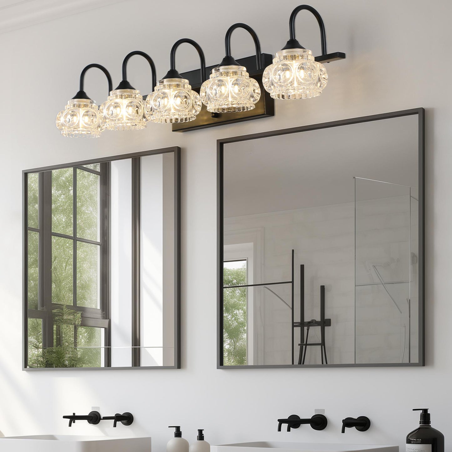 29" Retro 5-Light Bathroom Vanity Light Fixture - Black Finish with Crystal Glass Shades, Wall Mounted Lighting for Bathroom, Powder Room, and Vanity Mirror (No Bulbs)