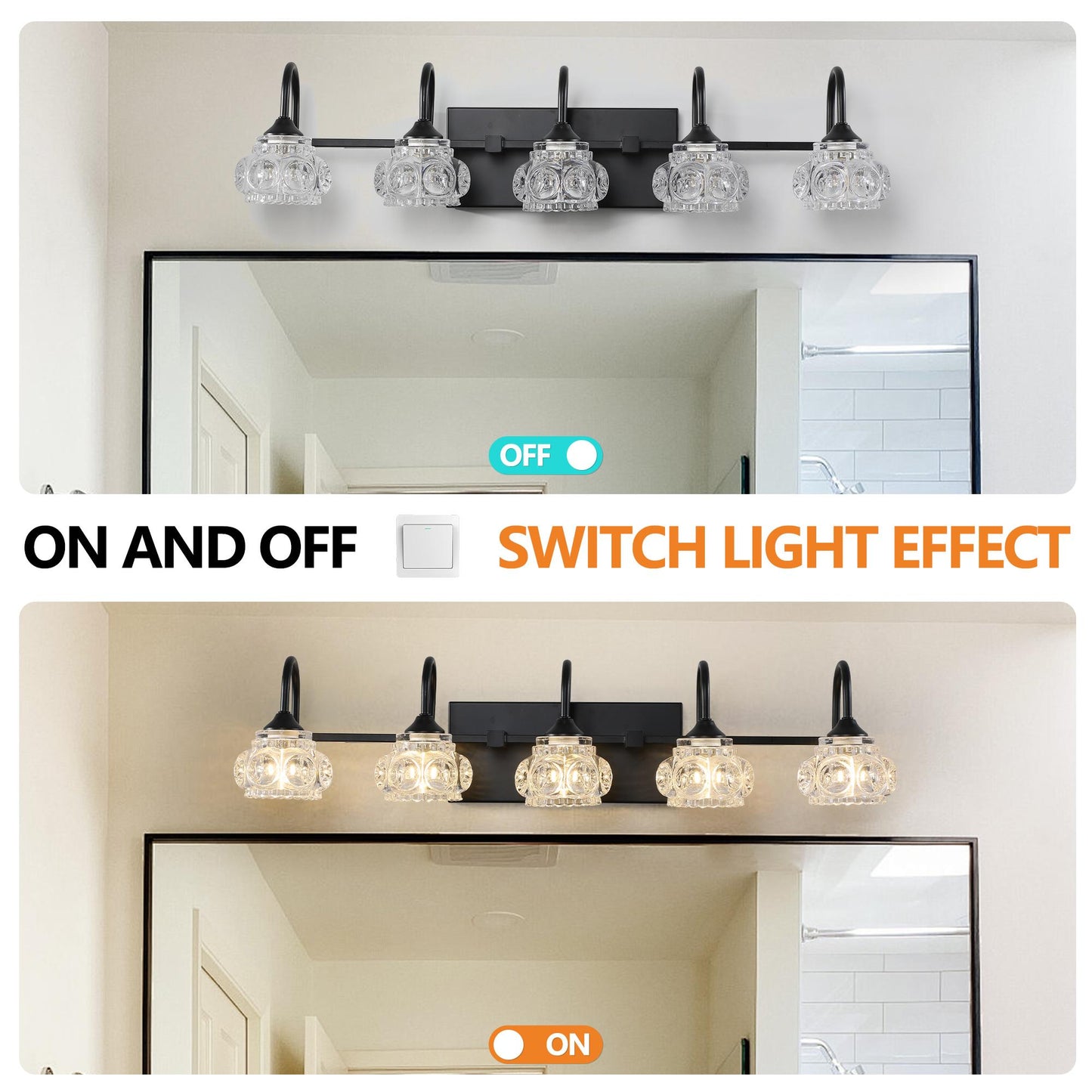 29" Retro 5-Light Bathroom Vanity Light Fixture - Black Finish with Crystal Glass Shades, Wall Mounted Lighting for Bathroom, Powder Room, and Vanity Mirror (No Bulbs)