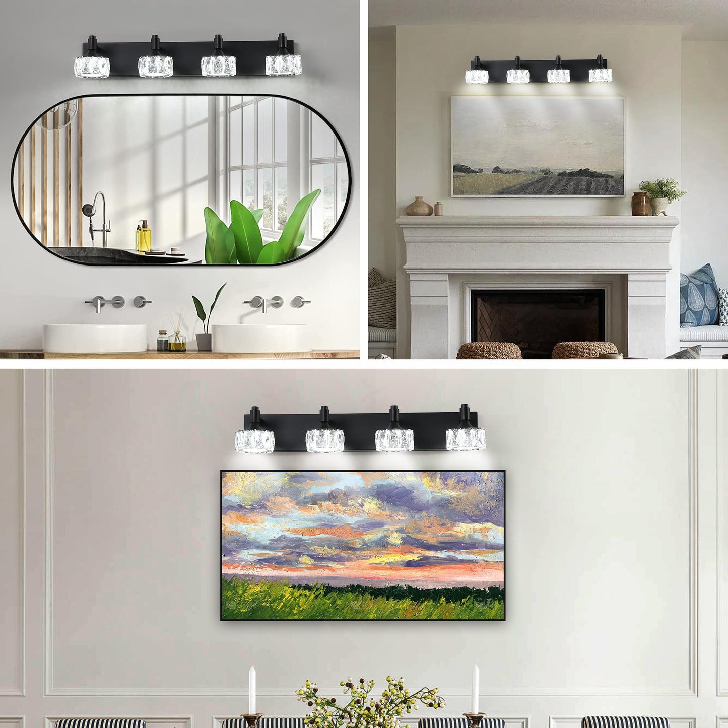 Modern 4-Light Matte Black LED Vanity Light Fixture with Crystal Glass Shades, Bathroom Wall Sconce for Elegant and Contemporary Home Decor