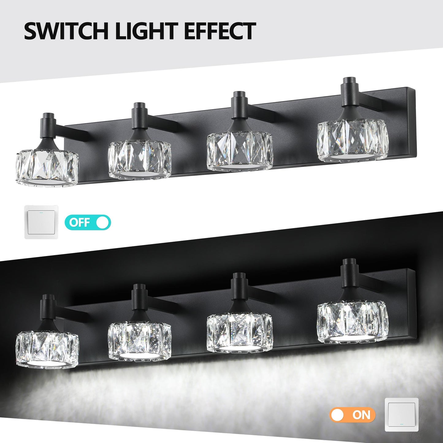 Modern 4-Light Matte Black LED Vanity Light Fixture with Crystal Glass Shades, Bathroom Wall Sconce for Elegant and Contemporary Home Decor