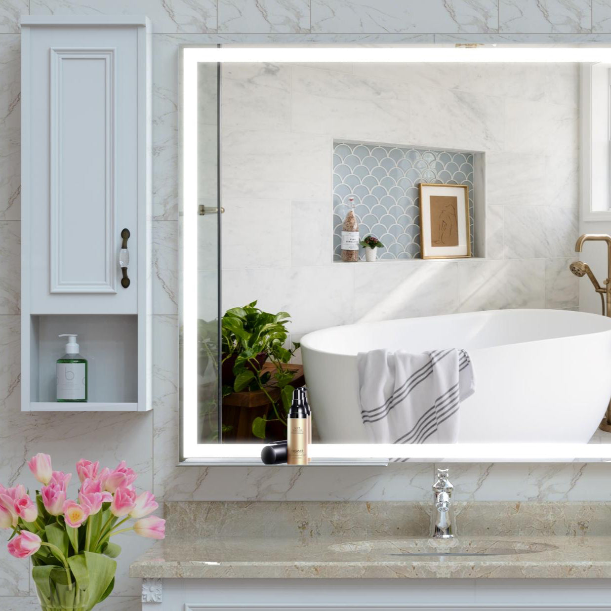 32x40 inch LED Bathroom Vanity Mirror Wall Mounted Adjustable White/Warm/Natural Lights Anti-Fog Touch Switch with Memory Modern Smart Large Bathroom Mirrors