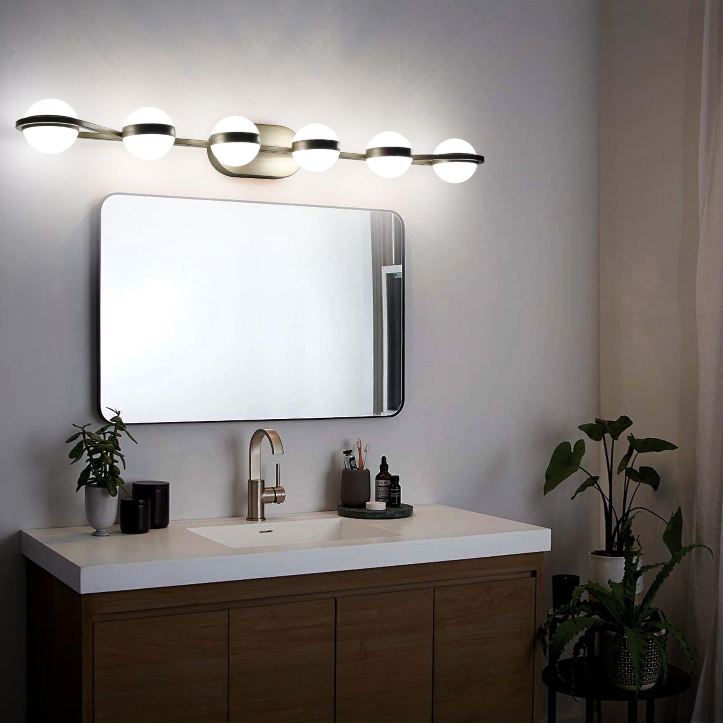 43" Modern Minimalist Bathroom Vanity Light, LED 6 Bulb Crystal Sand Acrylic Shades, Wall Mounted Decorative Lighting Fixture, Suitable for Bathroom Vanity Mirror (Champagne Gold)