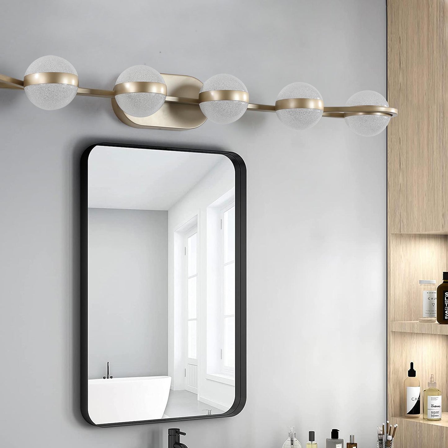 43" Modern Minimalist Bathroom Vanity Light, LED 6 Bulb Crystal Sand Acrylic Shades, Wall Mounted Decorative Lighting Fixture, Suitable for Bathroom Vanity Mirror (Champagne Gold)