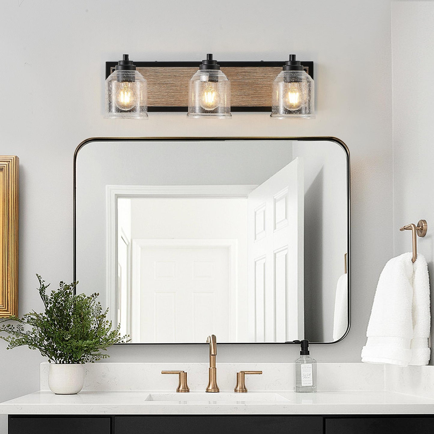 23" Farmhouse Vanity Light Fixture, 3-Light Bathroom Wall Sconce with Clear Seeded Glass Shades, Black and Wood Grain Finish, Modern Industrial Design for Bathroom or Powder Room (No Bulbs)