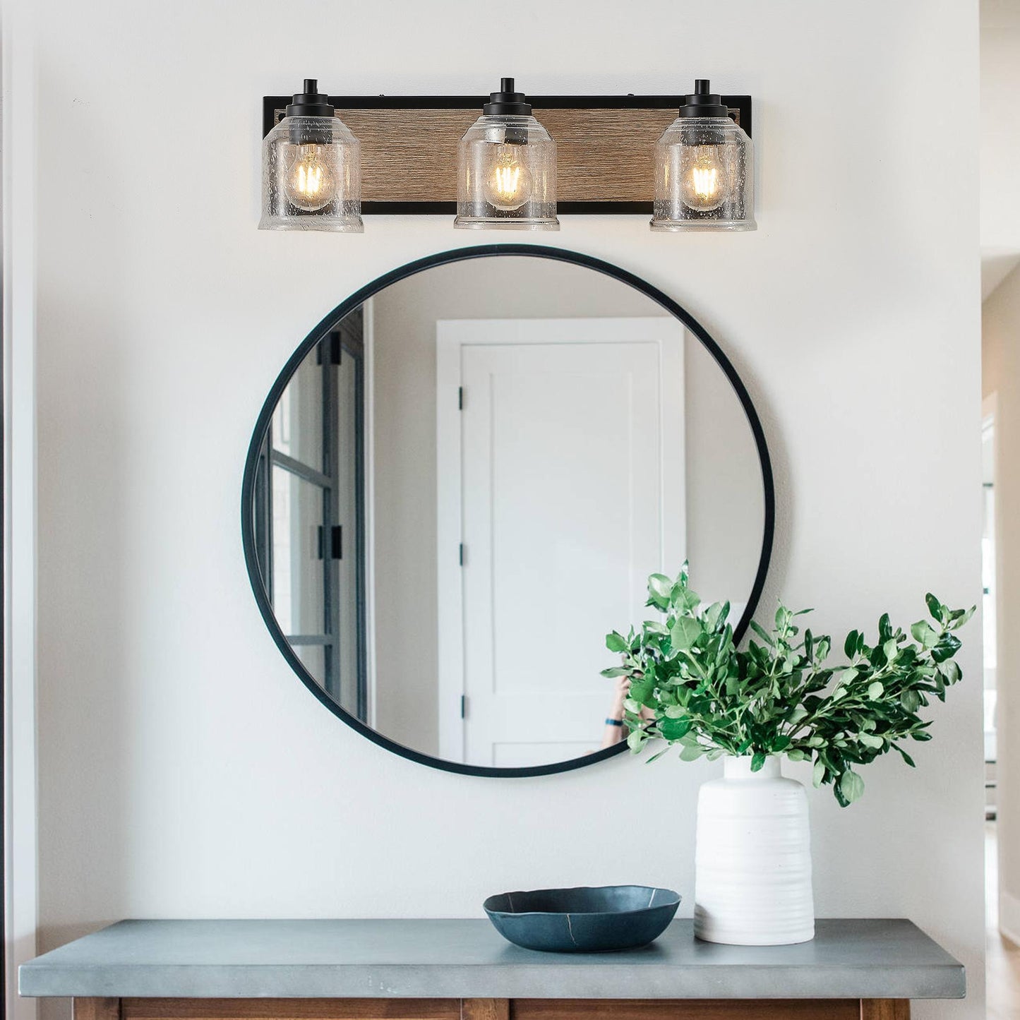 23" Farmhouse Vanity Light Fixture, 3-Light Bathroom Wall Sconce with Clear Seeded Glass Shades, Black and Wood Grain Finish, Modern Industrial Design for Bathroom or Powder Room (No Bulbs)
