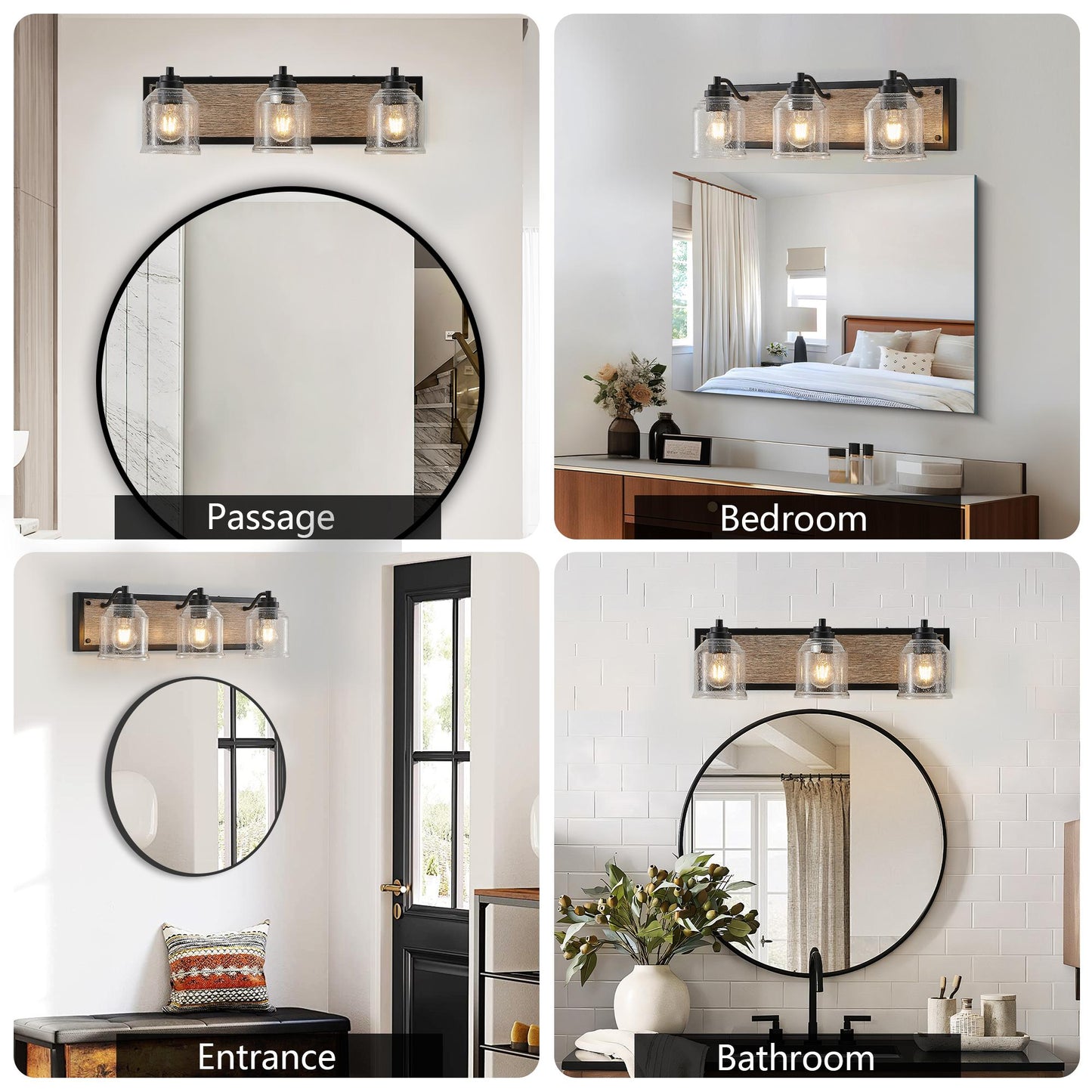 23" Farmhouse Vanity Light Fixture, 3-Light Bathroom Wall Sconce with Clear Seeded Glass Shades, Black and Wood Grain Finish, Modern Industrial Design for Bathroom or Powder Room (No Bulbs)