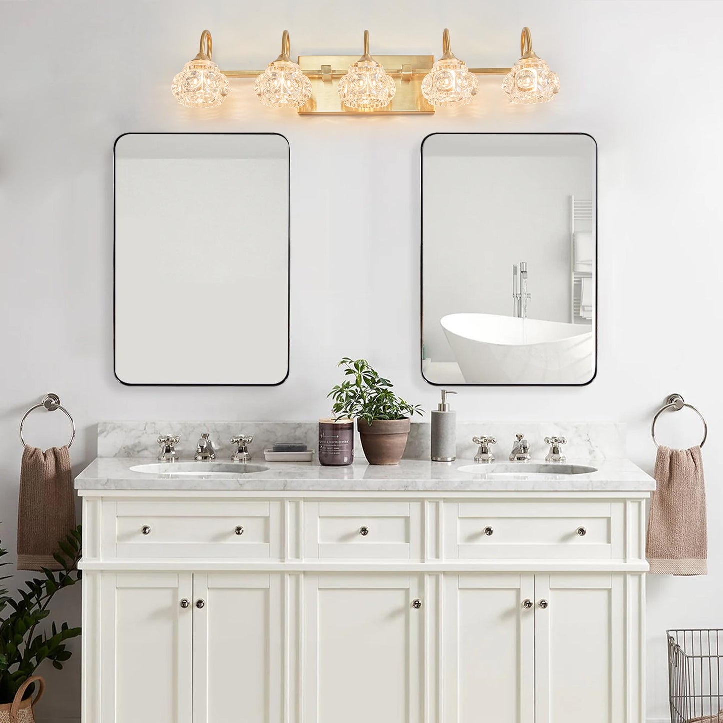 29" Modern Crystal Bathroom Vanity Light, 5-Light Golden Wall Sconce with Clear Glass Shade, Elegant Wall Mount Lighting for Bathroom, Powder Room, or Vanity Mirror (No Bulbs)