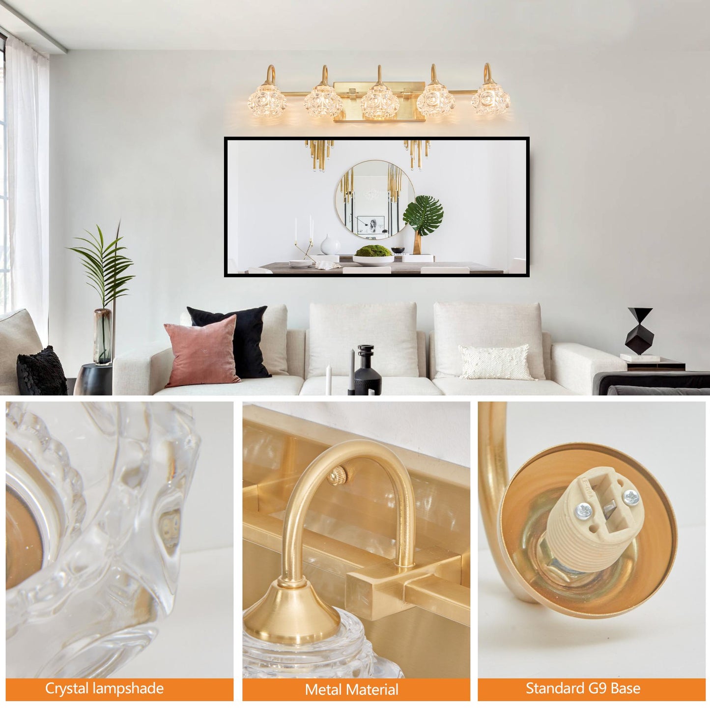 29" Modern Crystal Bathroom Vanity Light, 5-Light Golden Wall Sconce with Clear Glass Shade, Elegant Wall Mount Lighting for Bathroom, Powder Room, or Vanity Mirror (No Bulbs)