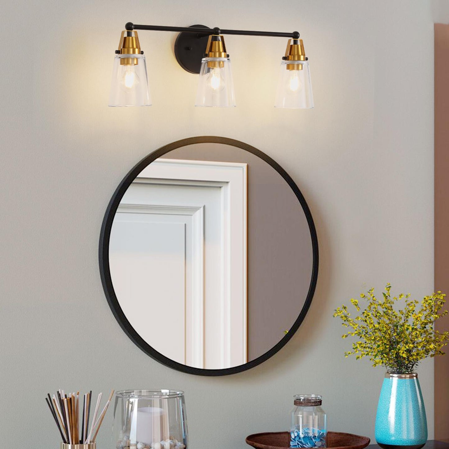 Modern 3-Light Black+Bronze Bathroom Vanity Light with Clear Glass Shade, E26 Wall Sconces Over Mirror for Living Room Bedroom Hallway (Bulb Not Included)