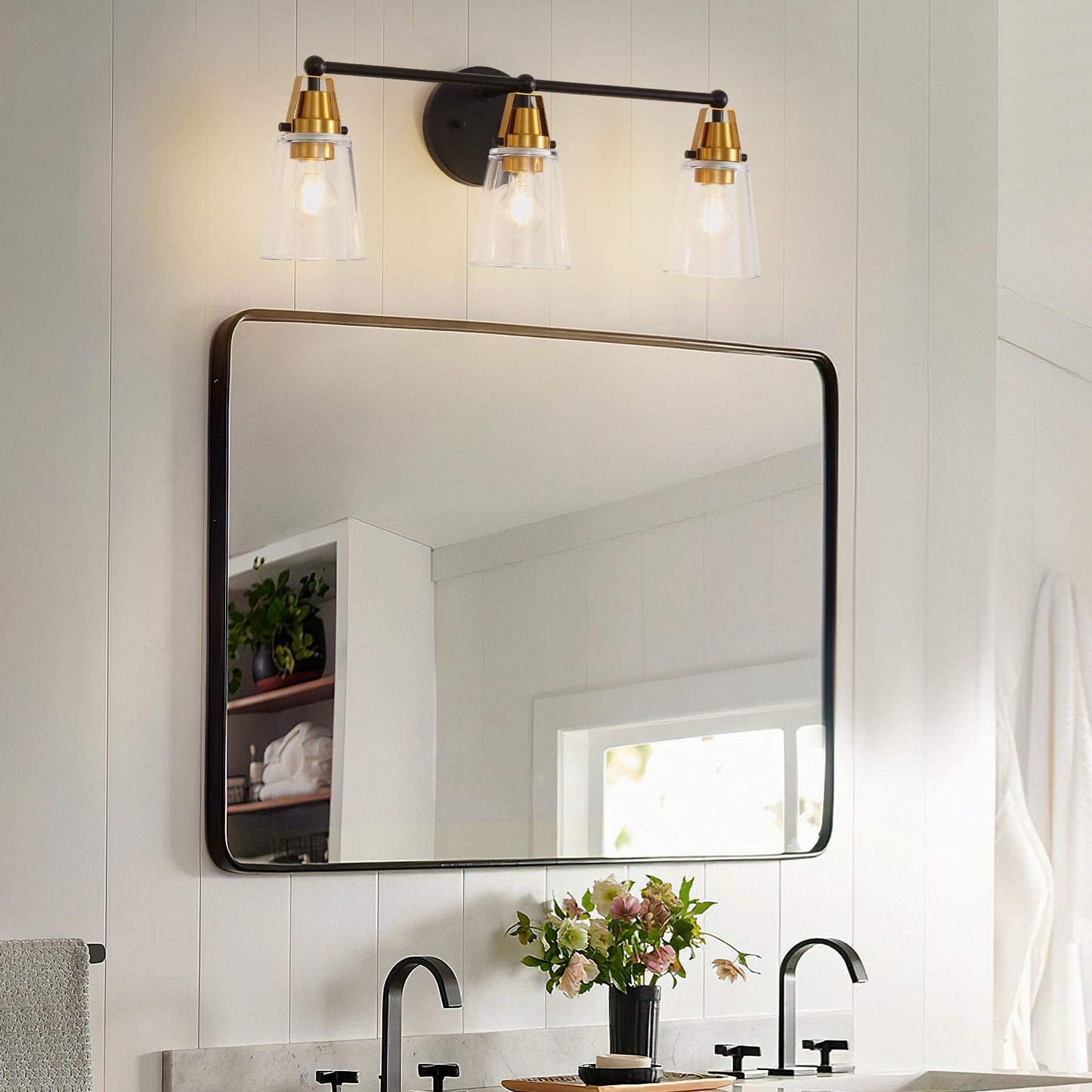 Modern 3-Light Black+Bronze Bathroom Vanity Light with Clear Glass Shade, E26 Wall Sconces Over Mirror for Living Room Bedroom Hallway (Bulb Not Included)