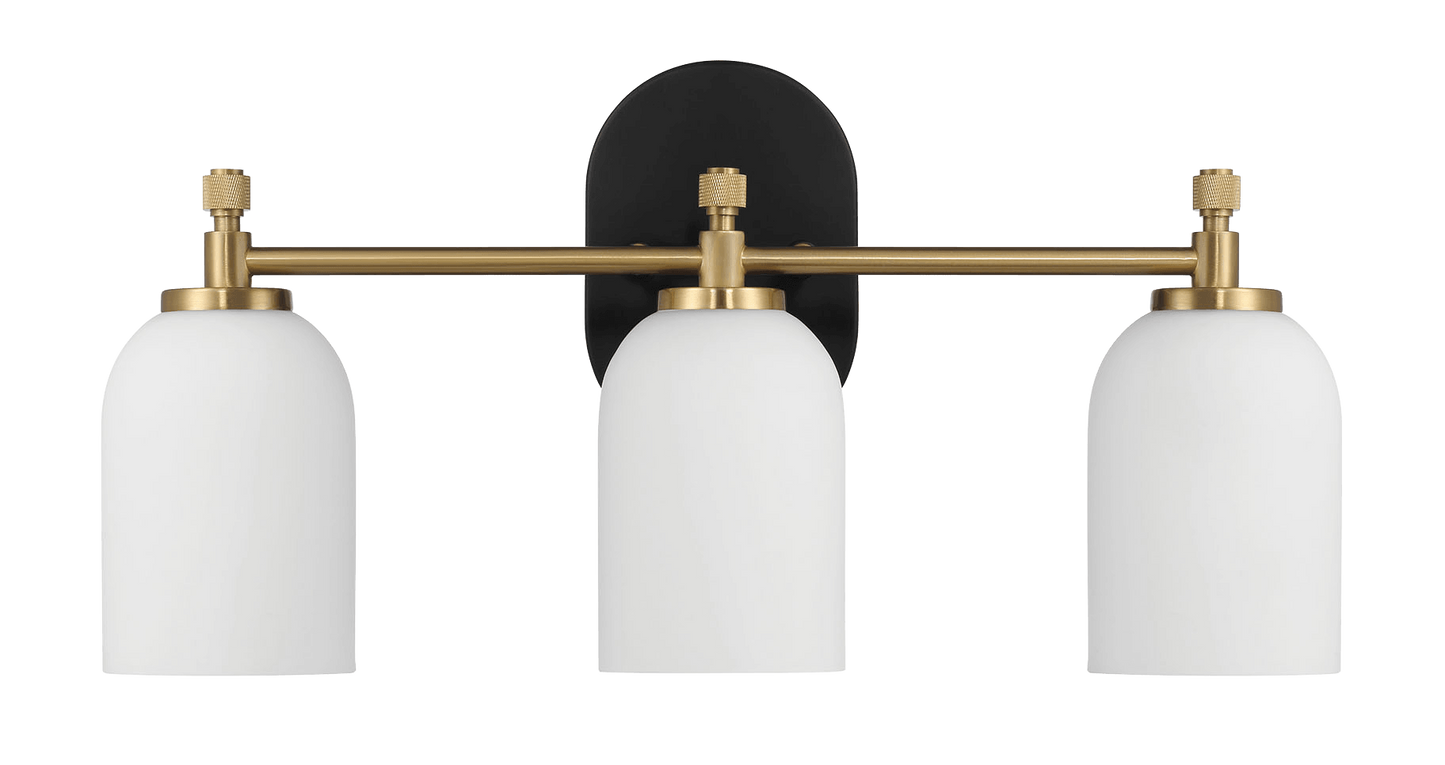 Meadows Three Lights Vanity Brushed Gold Bathroom Wall Light for Bathroom Over Mirror 20.5"W × 10.125"H × 5.5"E with White Frosted Glass
