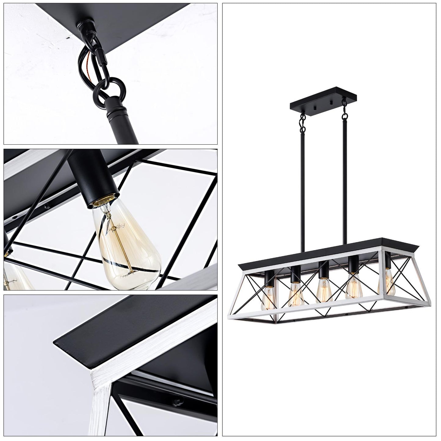 32" Black White Industrial 5-Light Pendant Chandelier, Modern Metal Cage Design, Adjustable Hanging Light for Dining Room, Kitchen, Living Room (No Bulbs)
