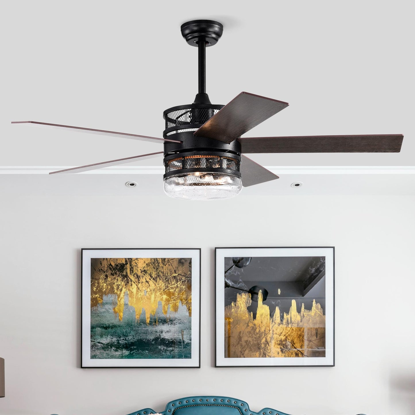 52-inch 5-blade Lighted Ceiling Fan with Remote Control , Glass Shade (Optional Remote) --Matte Black