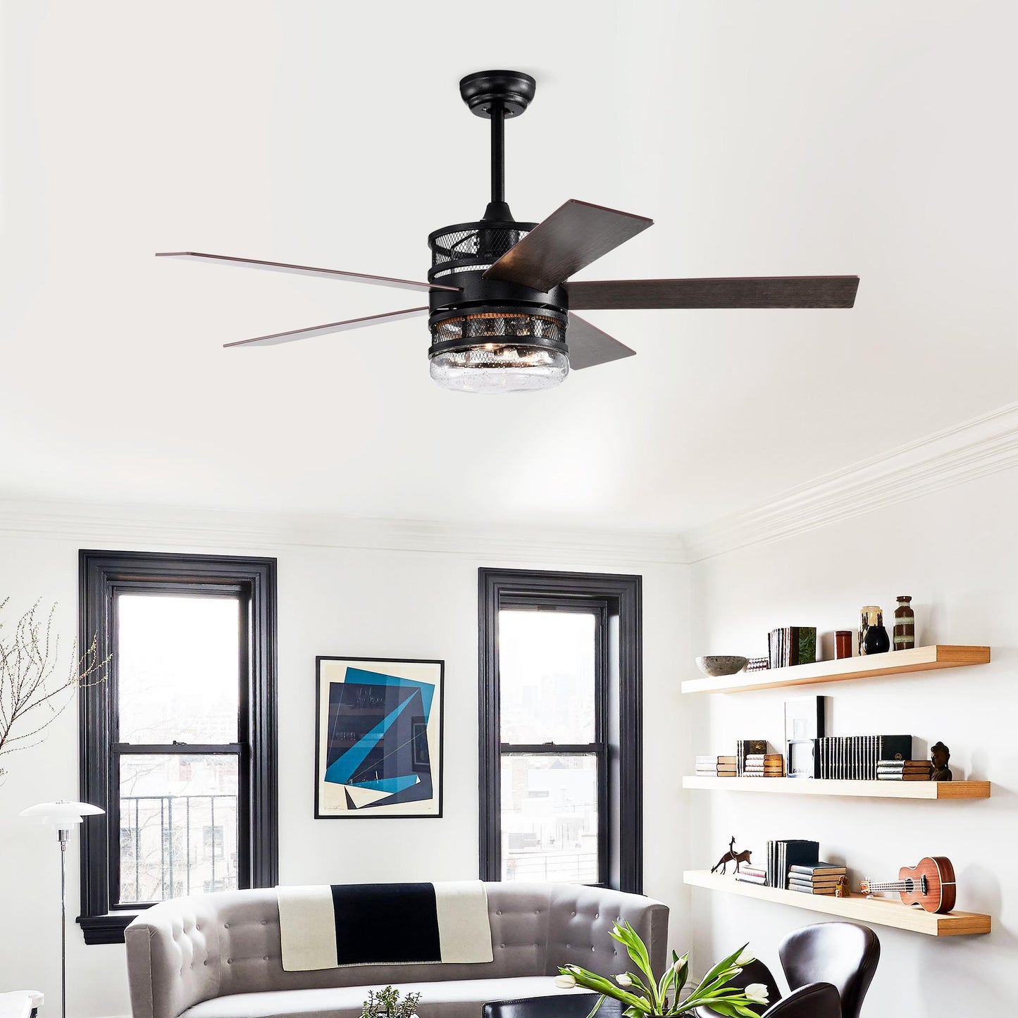 52-inch 5-blade Lighted Ceiling Fan with Remote Control , Glass Shade (Optional Remote) --Matte Black