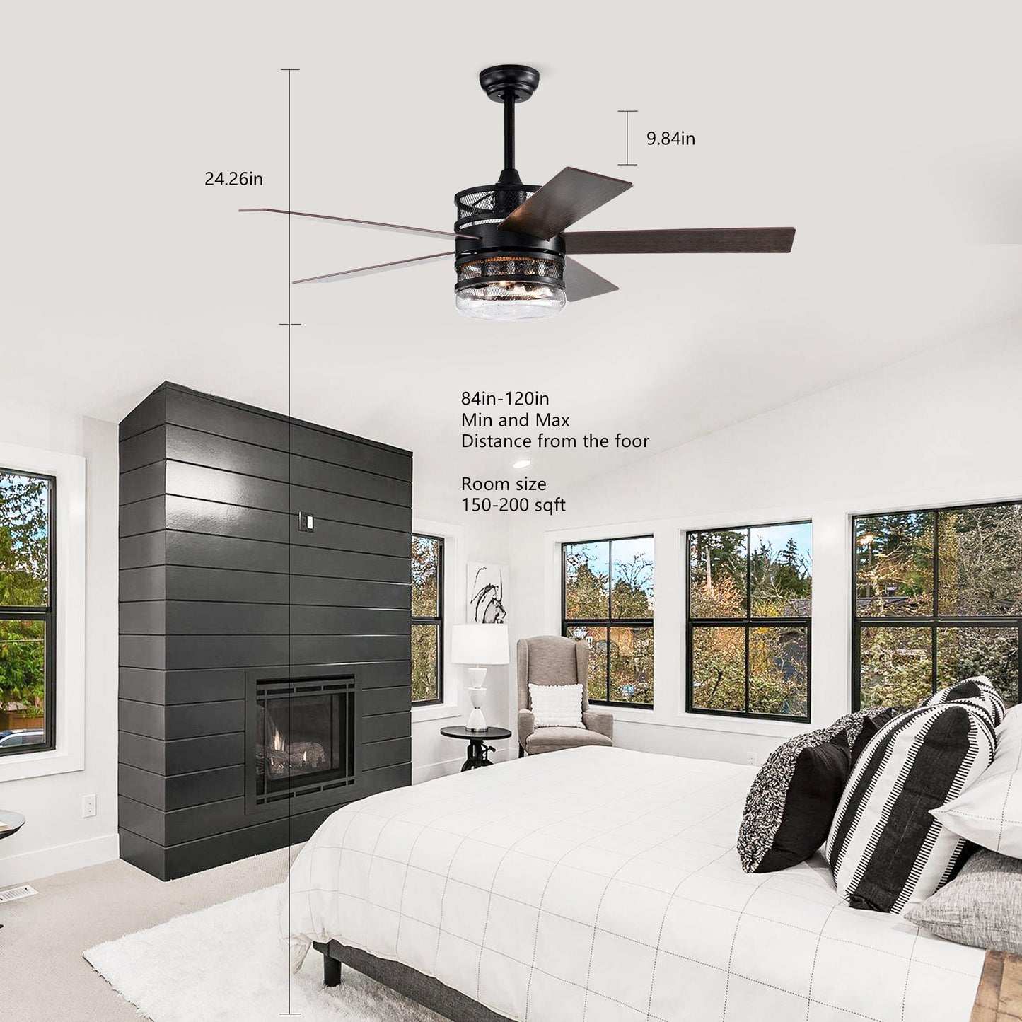 52-inch 5-blade Lighted Ceiling Fan with Remote Control , Glass Shade (Optional Remote) --Matte Black