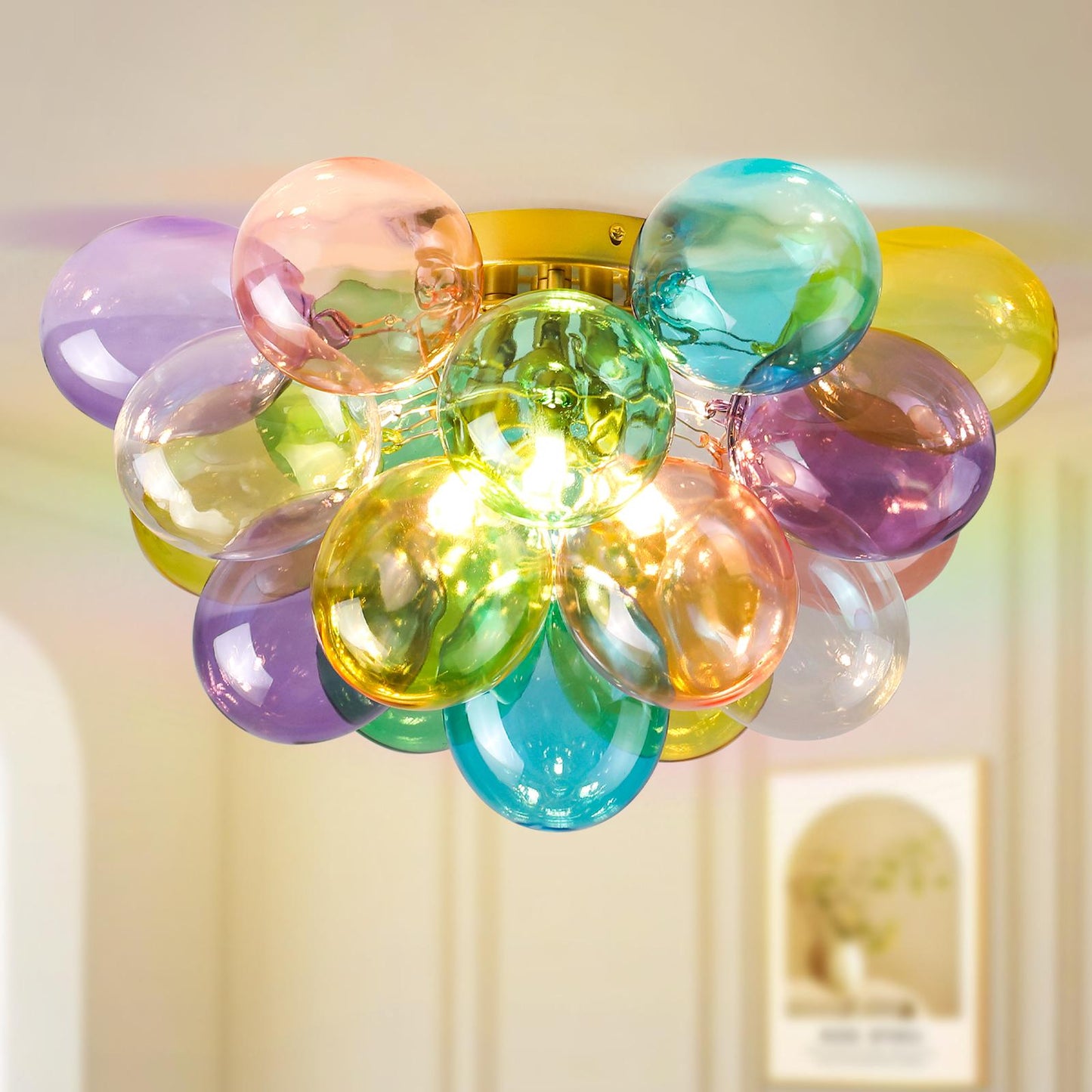 Colorful Glass Bubble Ball Swirled Glass Chandelier 15 Inch 3 Light, Small Pendant Light Fixture for Bedroom Study Restaurant