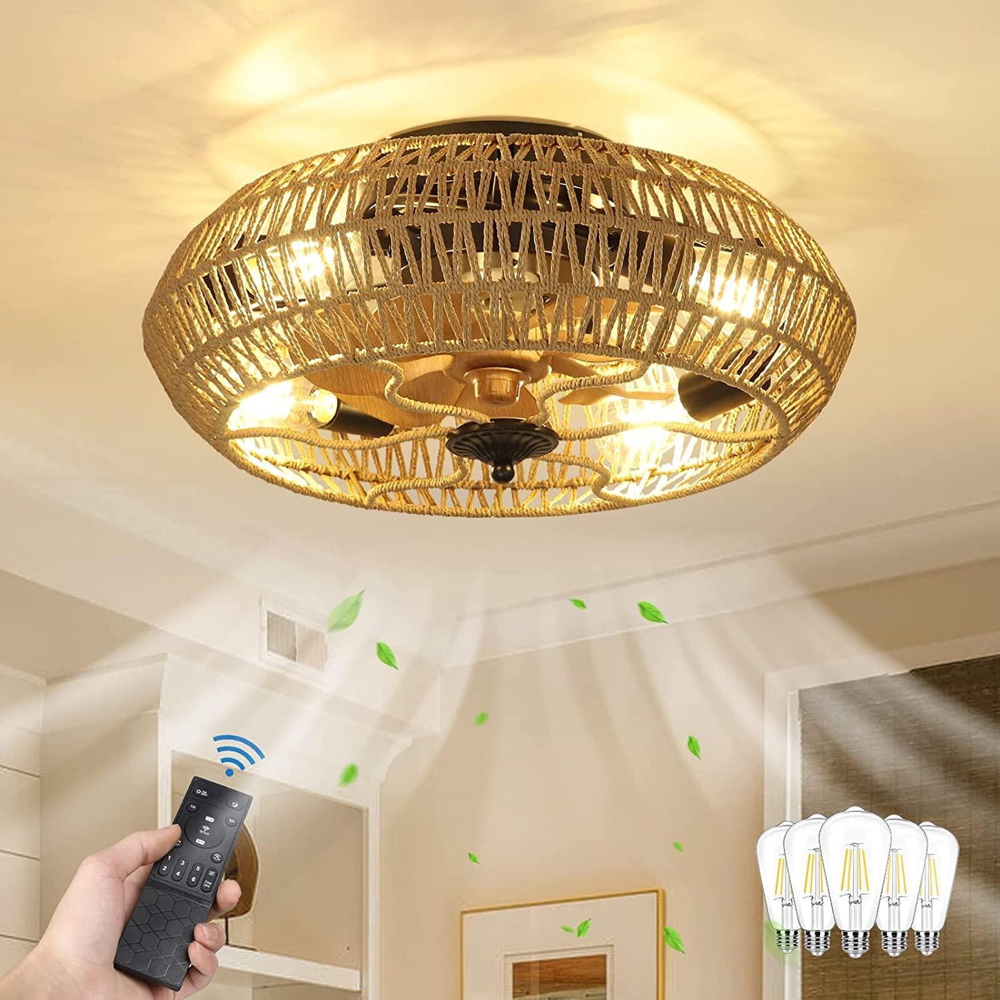 Rattan Ceiling Fan with 5 Bulbs