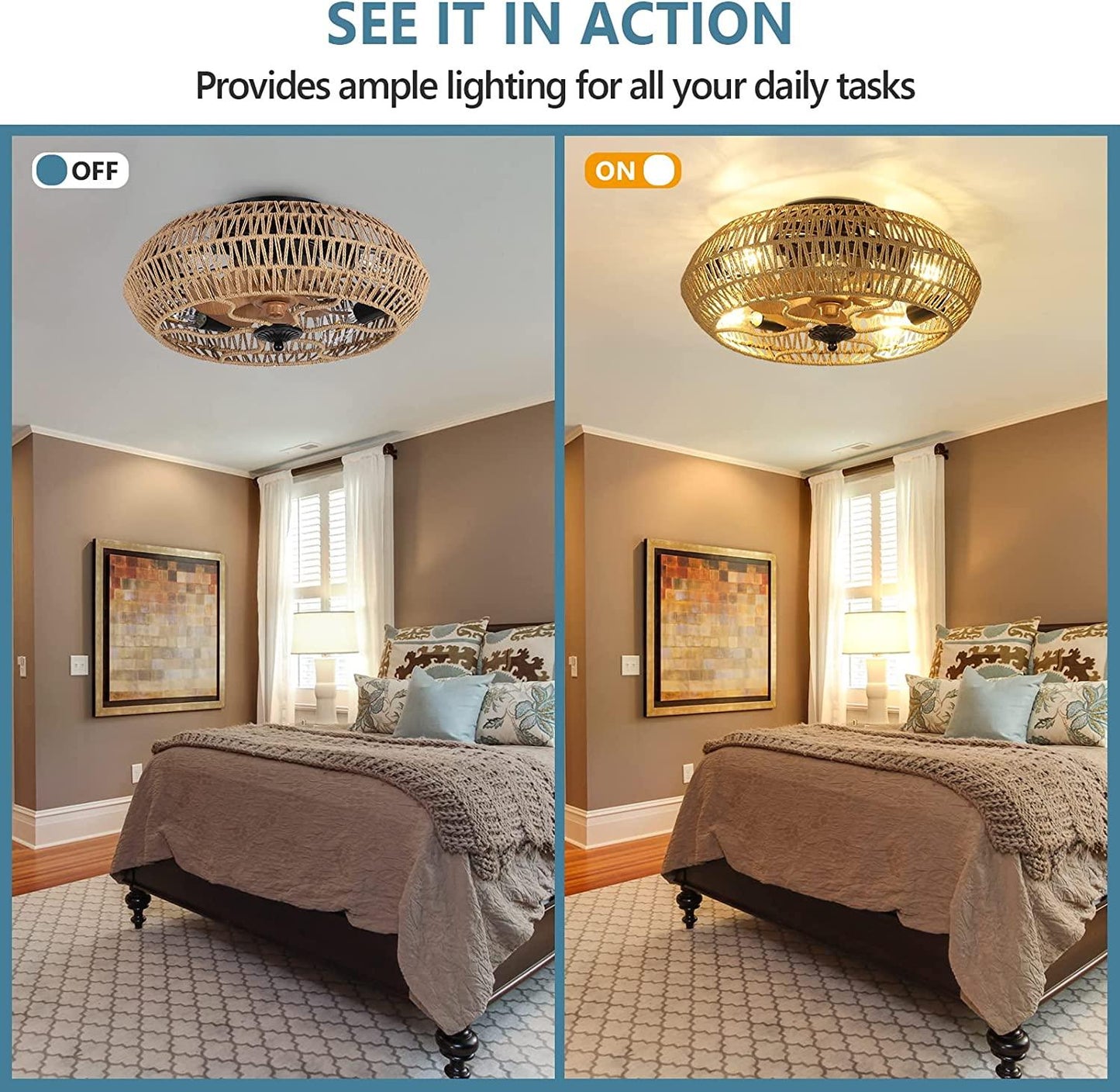 Rattan Ceiling Fan with 5 Bulbs