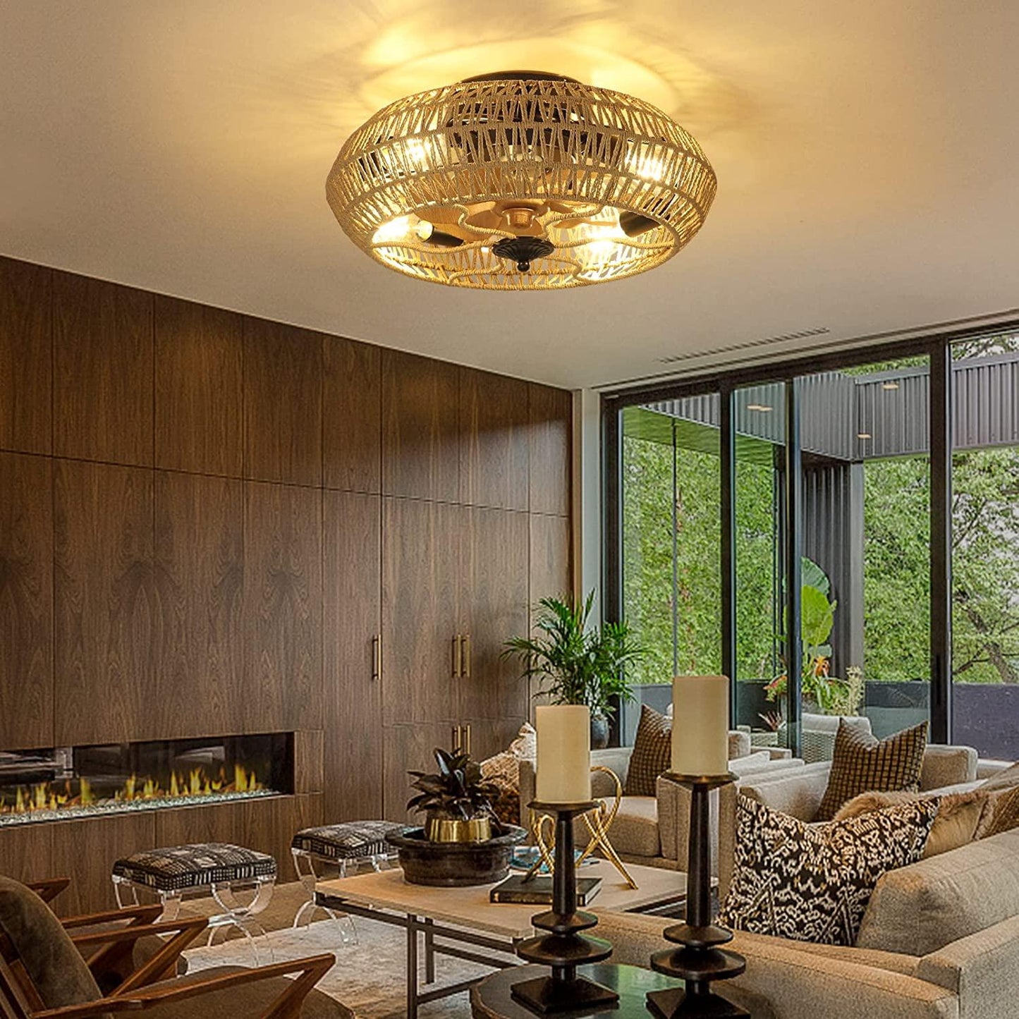 Rattan Ceiling Fan with 5 Bulbs