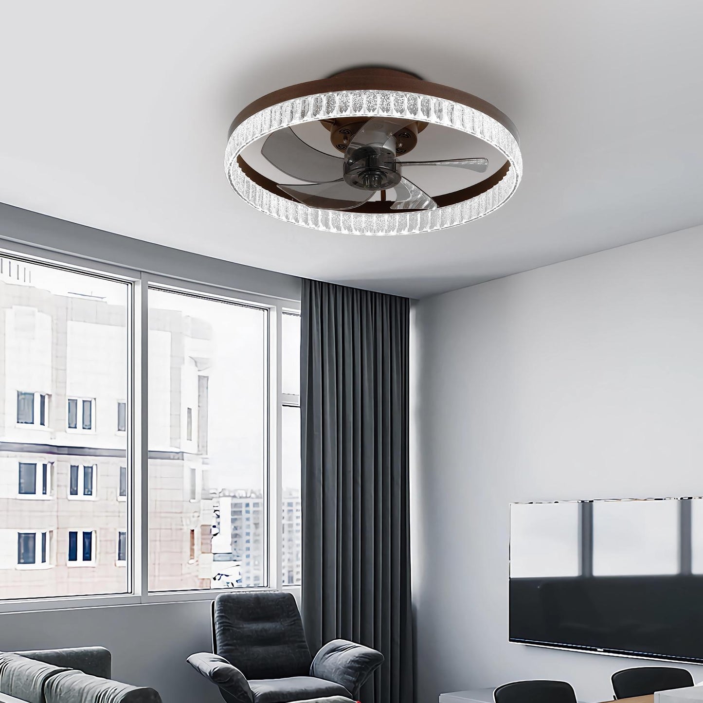 20" Brown Ceiling Fan with LED Light – Modern Flush Mount Fan Light for Bedroom, Living Room, and Home Décor with Crystal Ring Design