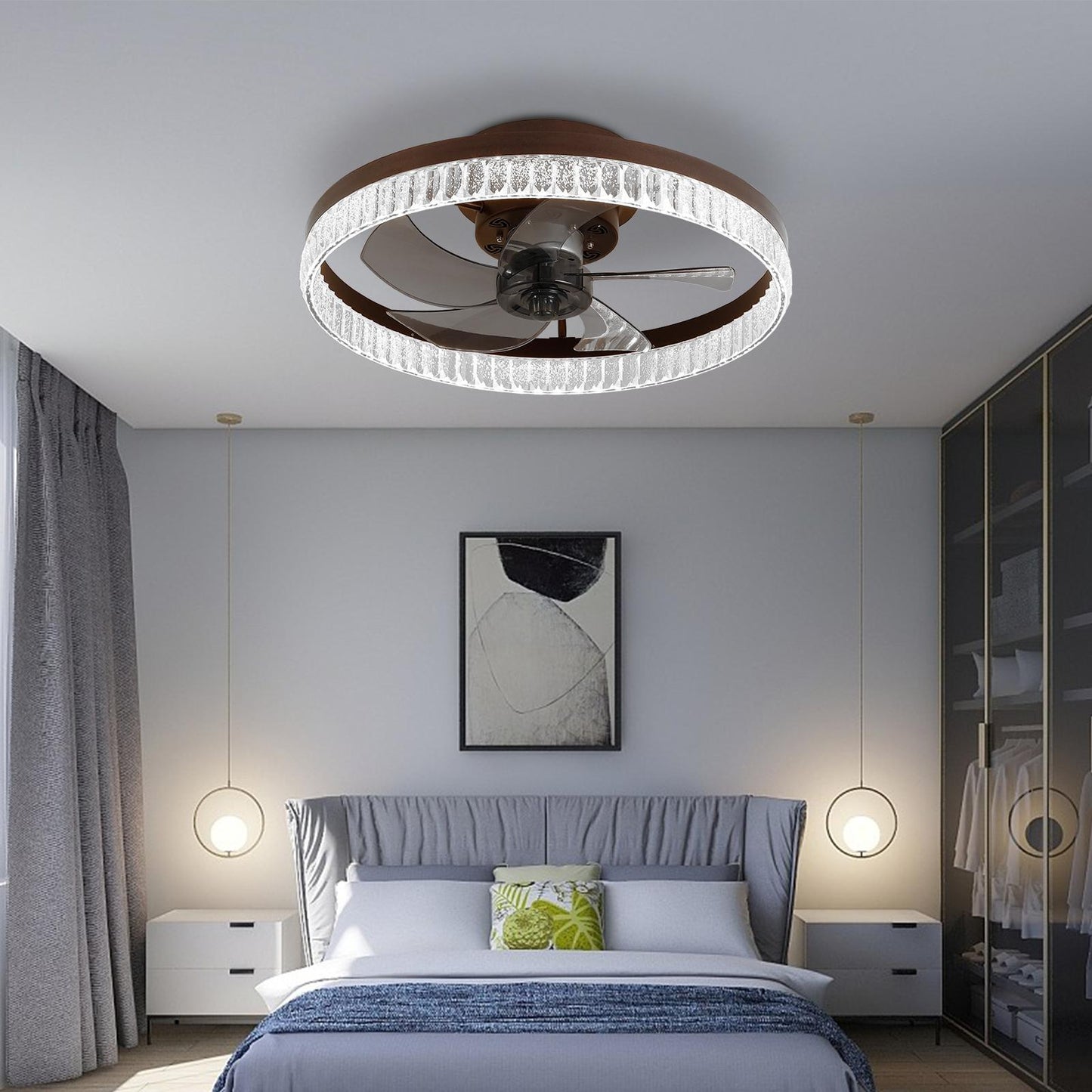 20" Brown Ceiling Fan with LED Light – Modern Flush Mount Fan Light for Bedroom, Living Room, and Home Décor with Crystal Ring Design