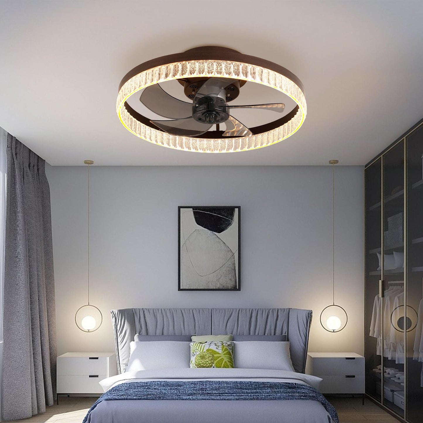 20" Brown Ceiling Fan with LED Light – Modern Flush Mount Fan Light for Bedroom, Living Room, and Home Décor with Crystal Ring Design