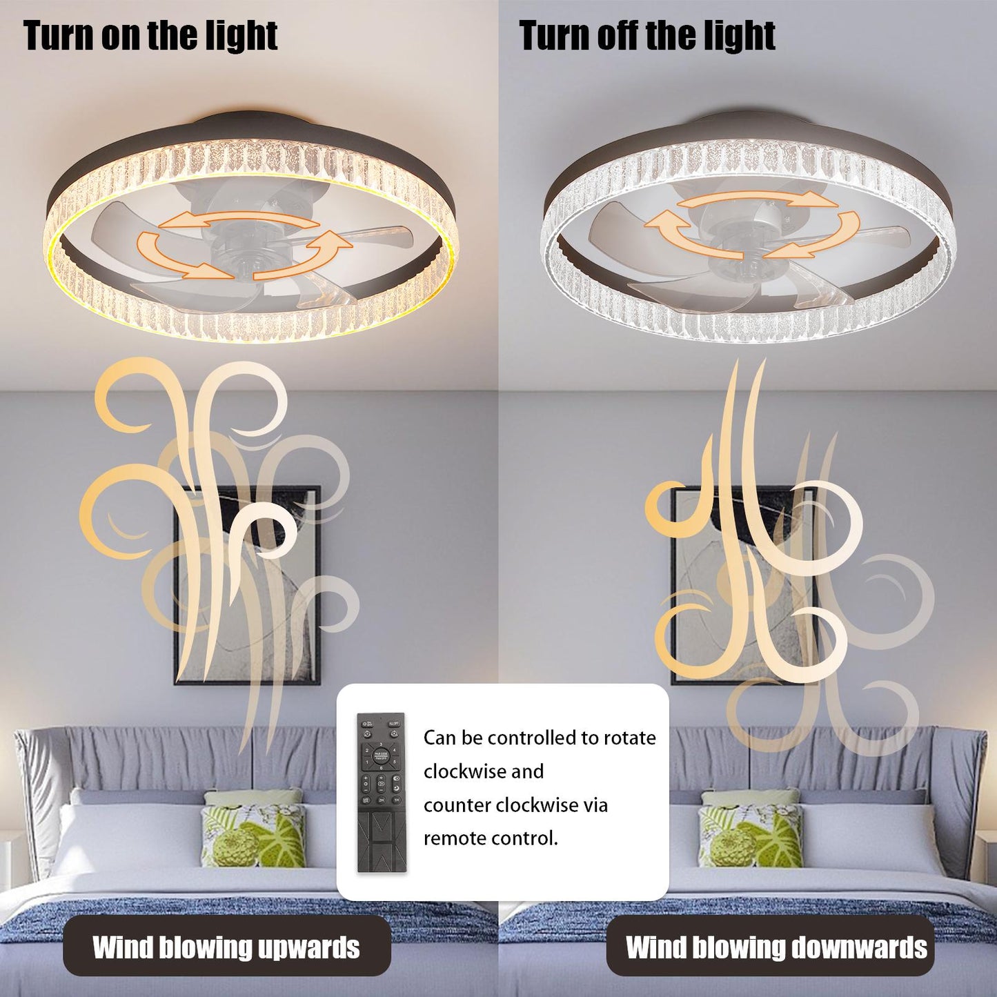 20" Brown Ceiling Fan with LED Light – Modern Flush Mount Fan Light for Bedroom, Living Room, and Home Décor with Crystal Ring Design