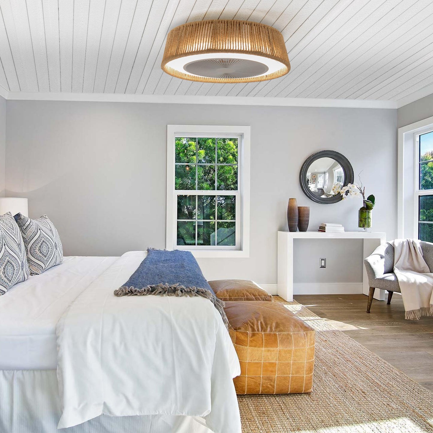 21" Bohemian Braided Ceiling Fan Light, Silent Remote Control with Timing Function, Adjustable Color Temperature, Suitable for Bedroom and Living Room (Silent/6-Speed/Reversible/DC Motor)