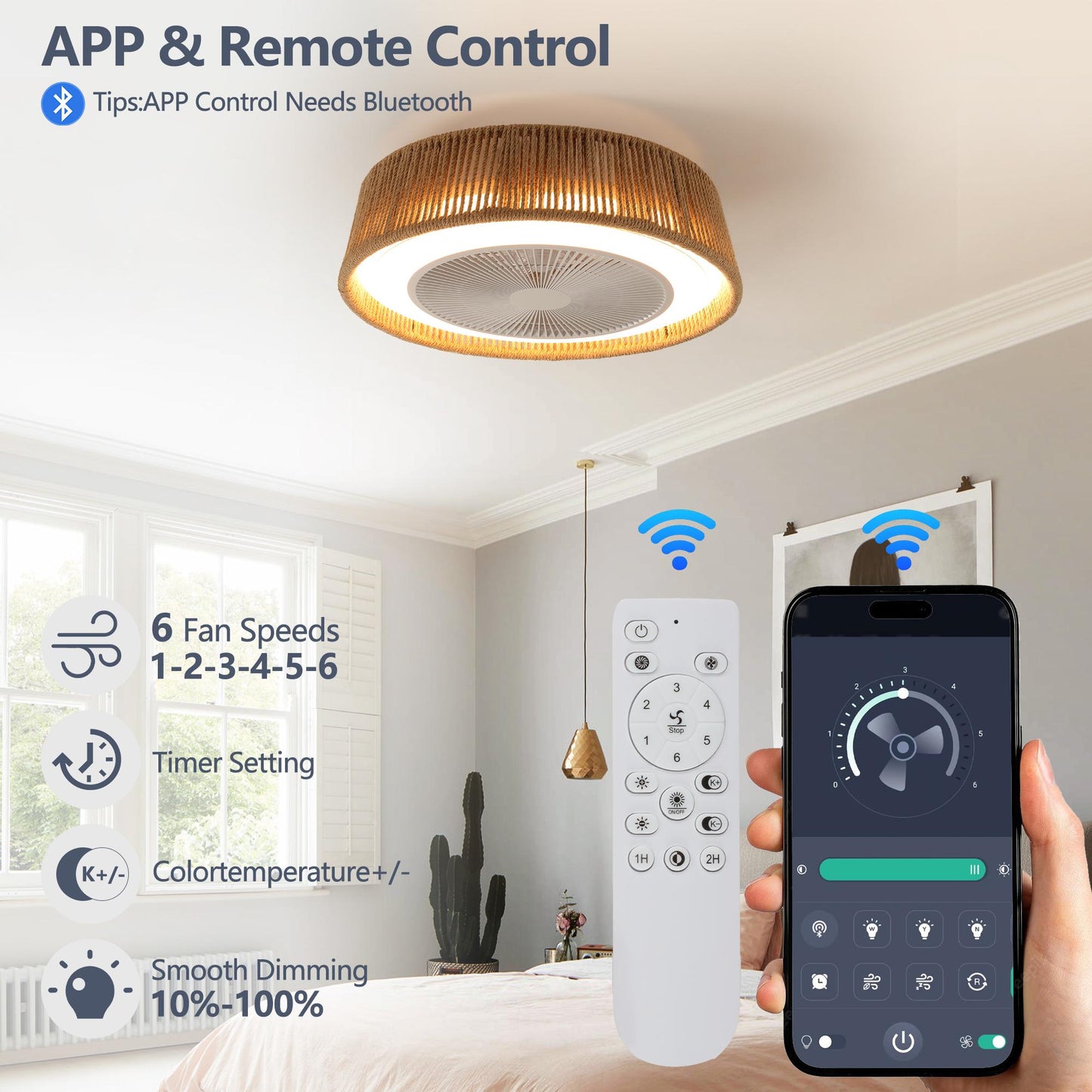21" Bohemian Braided Ceiling Fan Light, Silent Remote Control with Timing Function, Adjustable Color Temperature, Suitable for Bedroom and Living Room (Silent/6-Speed/Reversible/DC Motor)