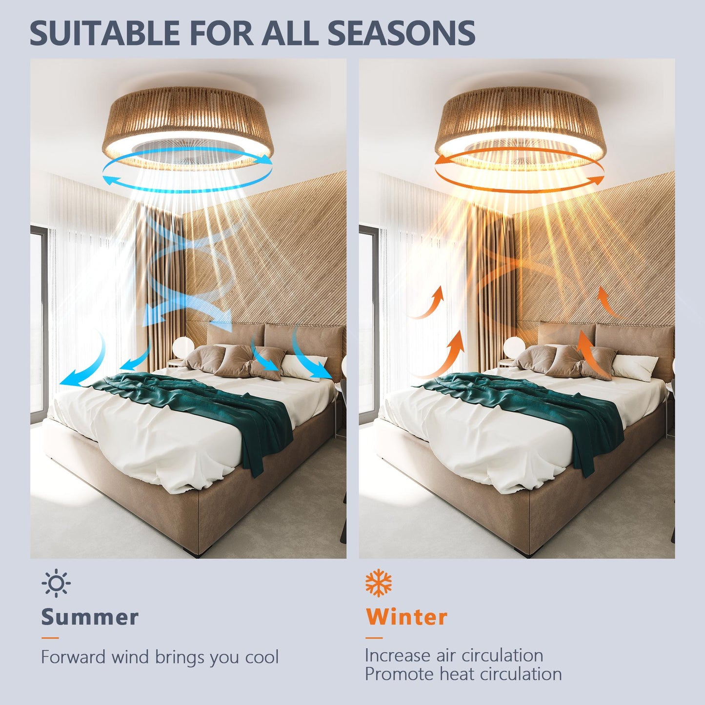 21" Bohemian Braided Ceiling Fan Light, Silent Remote Control with Timing Function, Adjustable Color Temperature, Suitable for Bedroom and Living Room (Silent/6-Speed/Reversible/DC Motor)