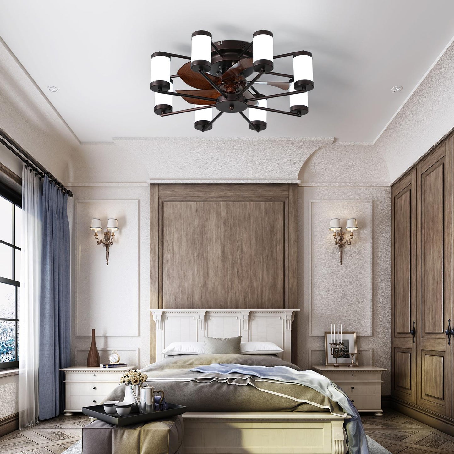 22-inch Modern Ceiling Fan with LED Light – 5-Blade Fan and Cylindrical Light Fixtures for Bedroom, Living Room, and Home Décor
