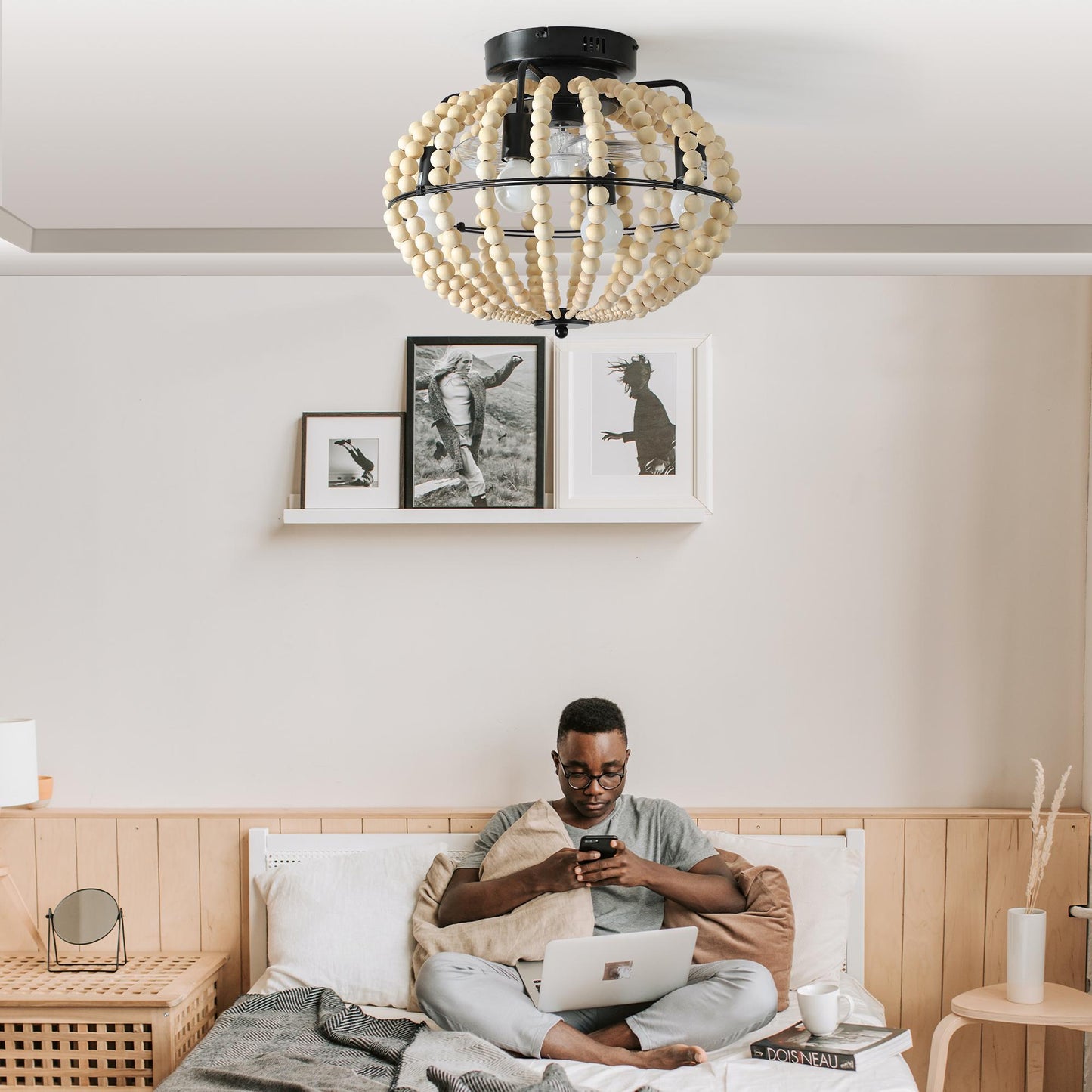 18" Bohemian Wood Beaded Ceiling Fan with Light, Flush Mount Caged Ceiling Fan, Rustic Farmhouse Low Profile Fan Light Fixture for Indoor Home Decor (Silent/6-Speed/Reversible/DC Motor) (No Bulbs)