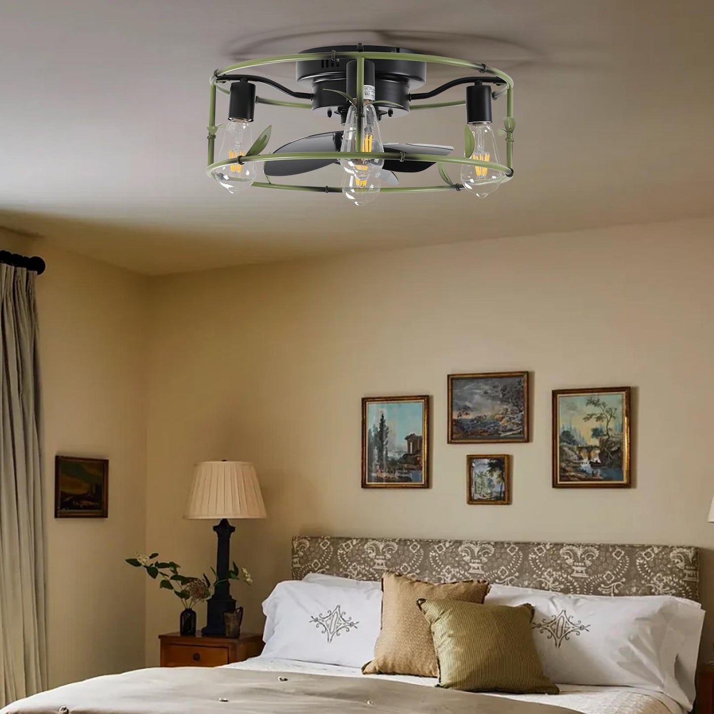 19" Green Industrial Ceiling Fan with Light - Flush Mount Caged Ceiling Fan with Remote, 3-Light Rustic Ceiling Fan, Silent 6-Speed Reversible DC Motor for Bedroom, Living Room (Bulb Not Included)