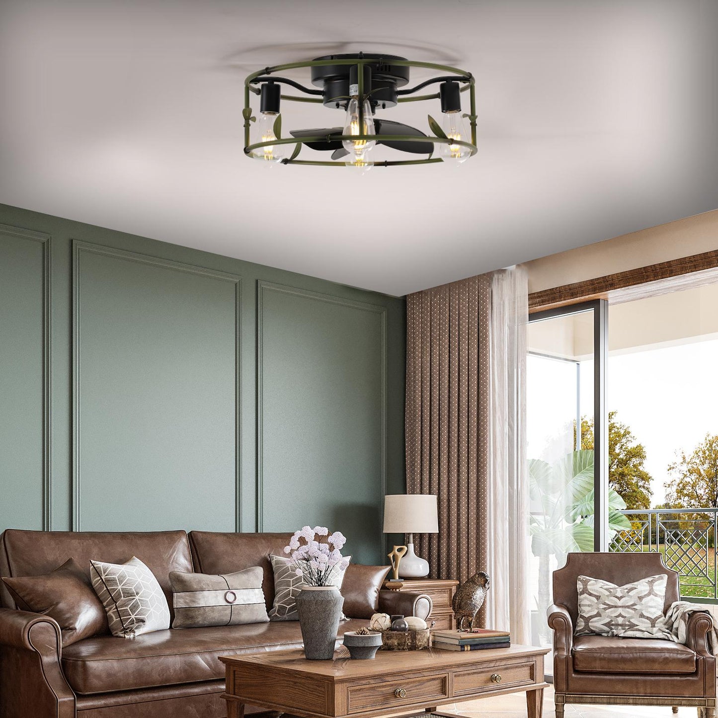 19" Green Industrial Ceiling Fan with Light - Flush Mount Caged Ceiling Fan with Remote, 3-Light Rustic Ceiling Fan, Silent 6-Speed Reversible DC Motor for Bedroom, Living Room (Bulb Not Included)