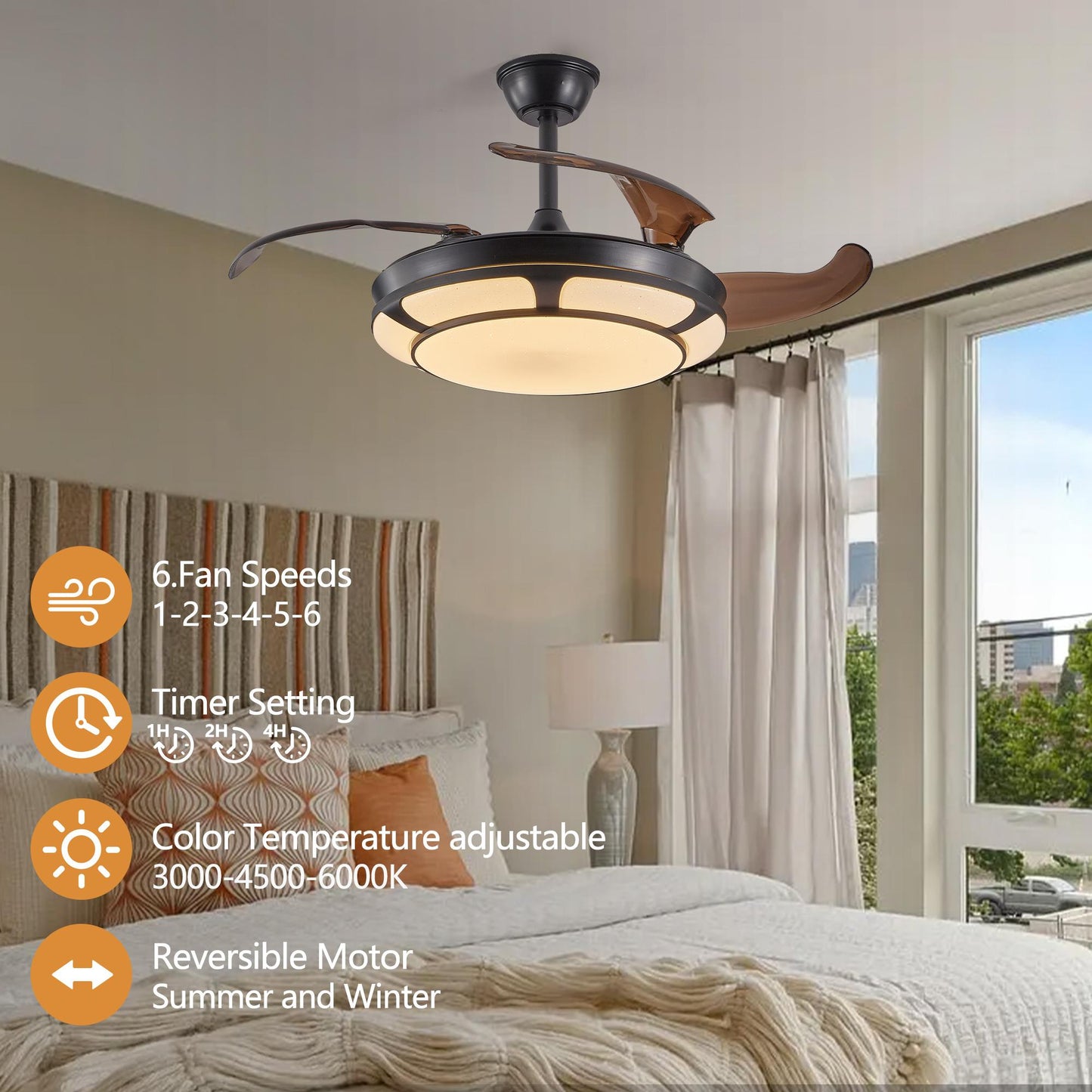 42" Retractable Ceiling Fan with Light, Modern LED Chandelier Fan with Remote Control, 6 Speed Adjustable Blades, Quiet DC Motor, Dimmable Lighting for Living Room, Bedroom, Dining Room