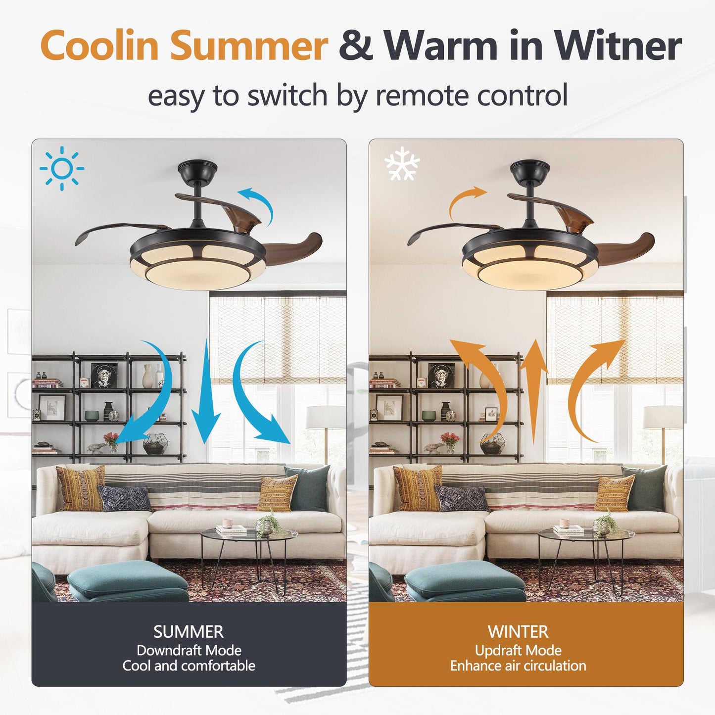 42" Retractable Ceiling Fan with Light, Modern LED Chandelier Fan with Remote Control, 6 Speed Adjustable Blades, Quiet DC Motor, Dimmable Lighting for Living Room, Bedroom, Dining Room