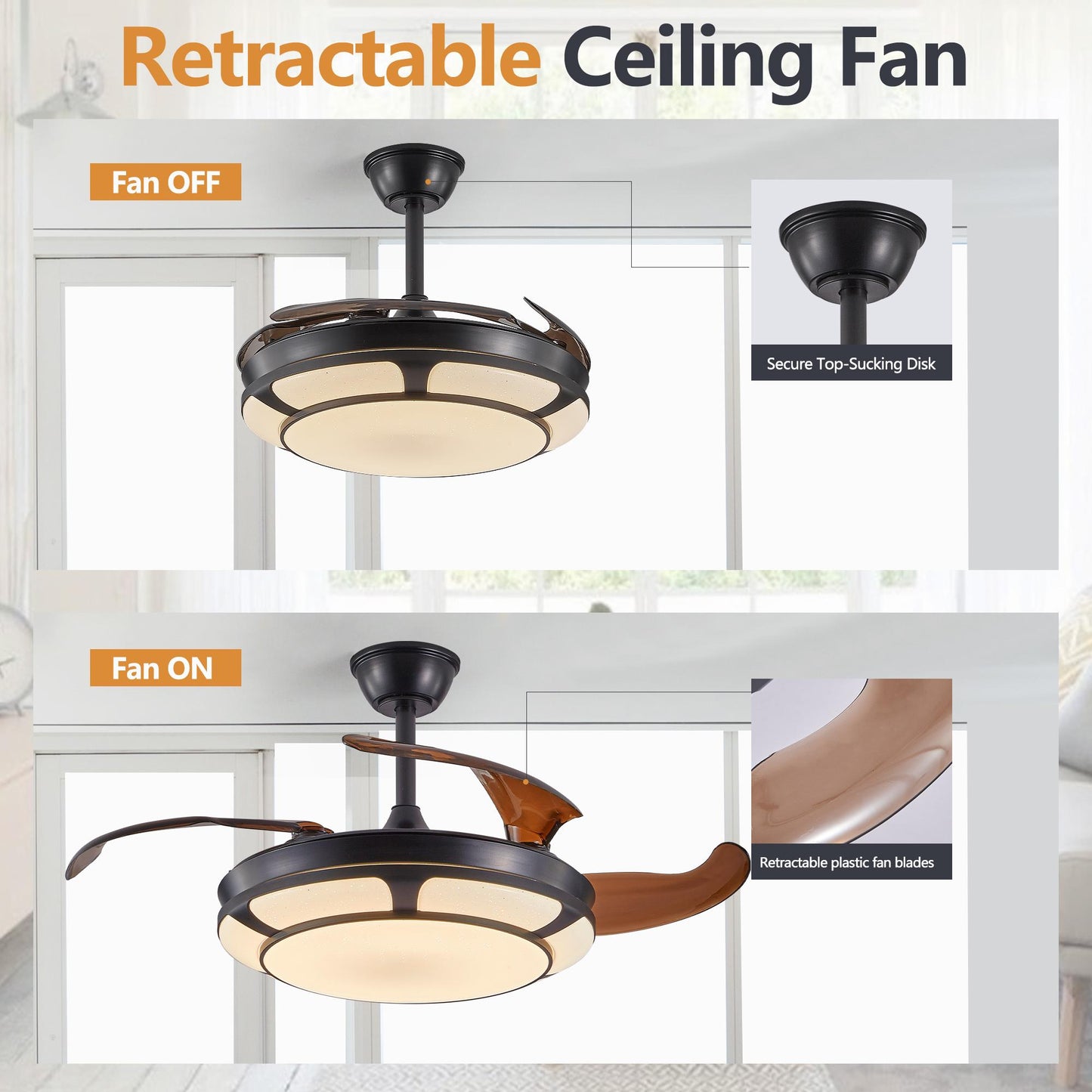 42" Retractable Ceiling Fan with Light, Modern LED Chandelier Fan with Remote Control, 6 Speed Adjustable Blades, Quiet DC Motor, Dimmable Lighting for Living Room, Bedroom, Dining Room