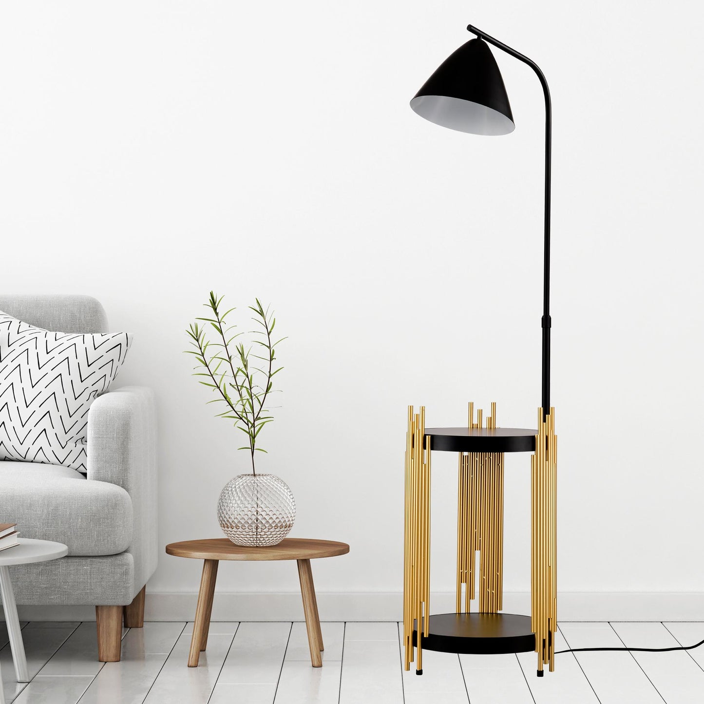 Luxury Shelves Floor Lamp for Living Room with Metal Lampshade, Standing Lamp Tall Industrial Floor Lamp Reading for Bedroom, Office (E26 No Included Bulb) -Matte Gold+Matte Black
