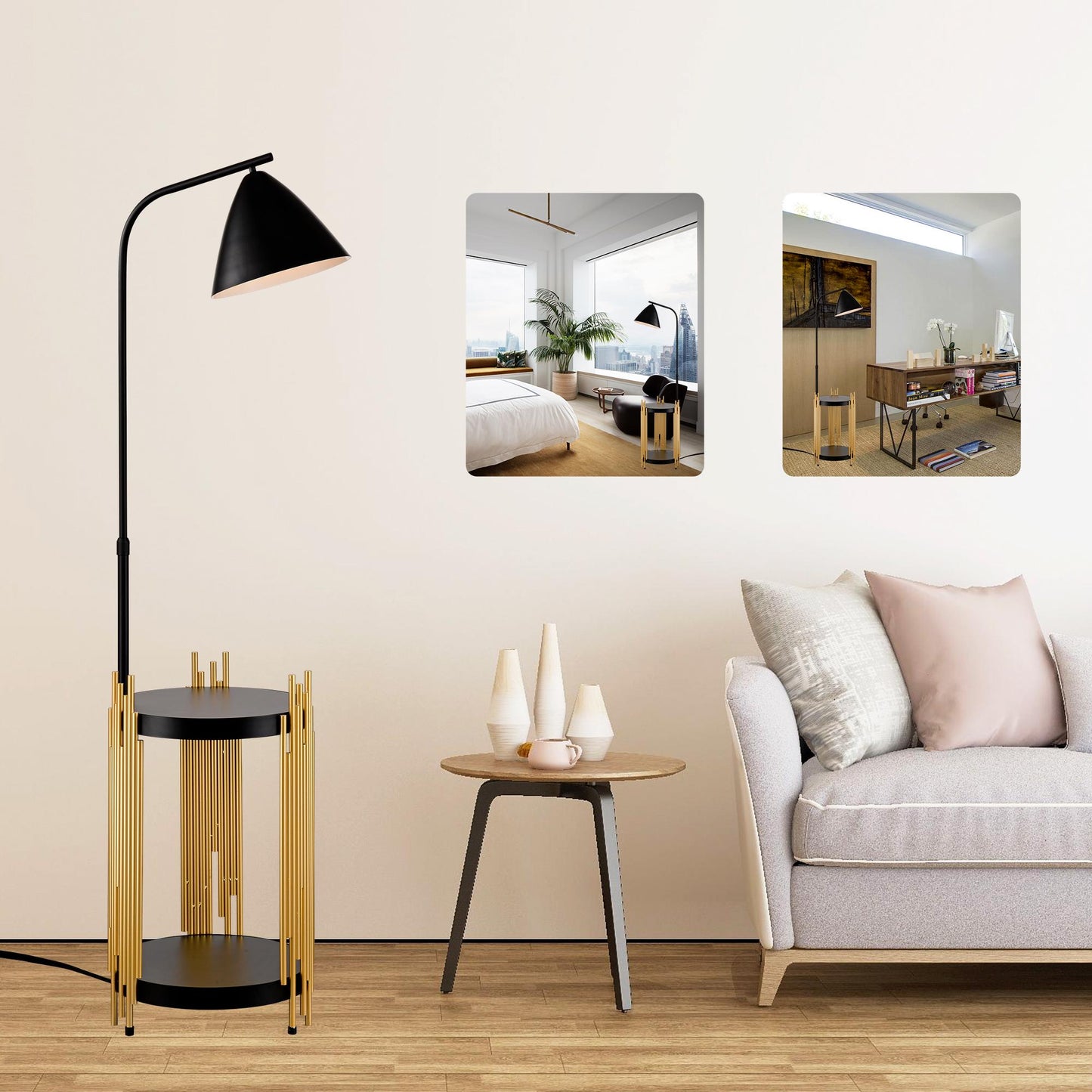 Luxury Shelves Floor Lamp for Living Room with Metal Lampshade, Standing Lamp Tall Industrial Floor Lamp Reading for Bedroom, Office (E26 No Included Bulb) -Matte Gold+Matte Black