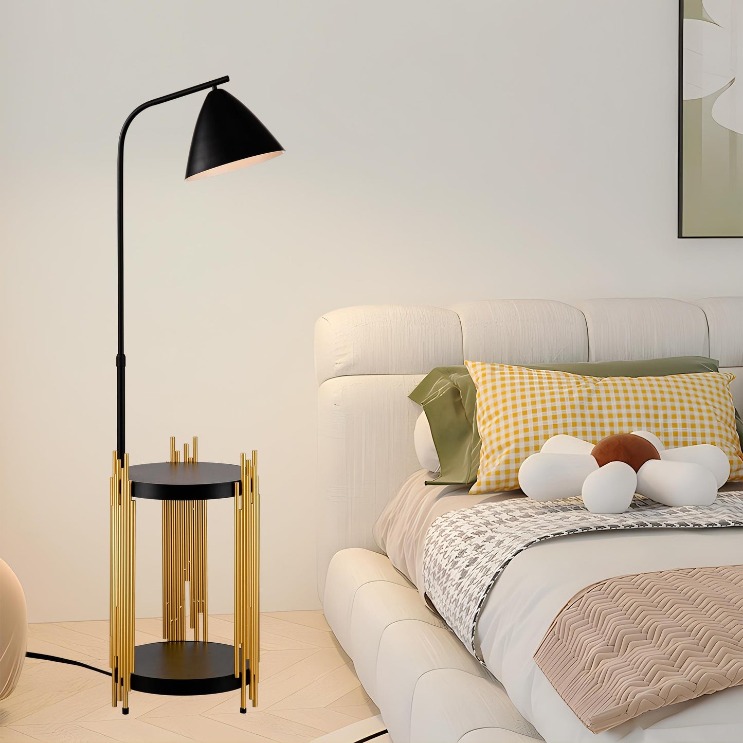 Luxury Shelves Floor Lamp for Living Room with Metal Lampshade, Standing Lamp Tall Industrial Floor Lamp Reading for Bedroom, Office (E26 No Included Bulb) -Matte Gold+Matte Black
