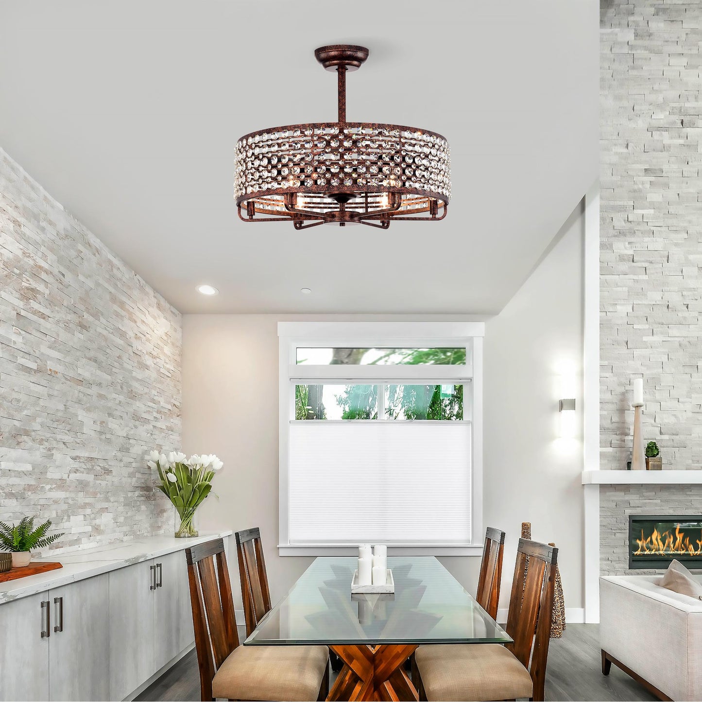 Dia 26.8 inch Chandelier Ceiling Fan ,Crystal Shade Ceiling Fan with Remote Control,3 ABS Blade--4-light( No Include Bulb)