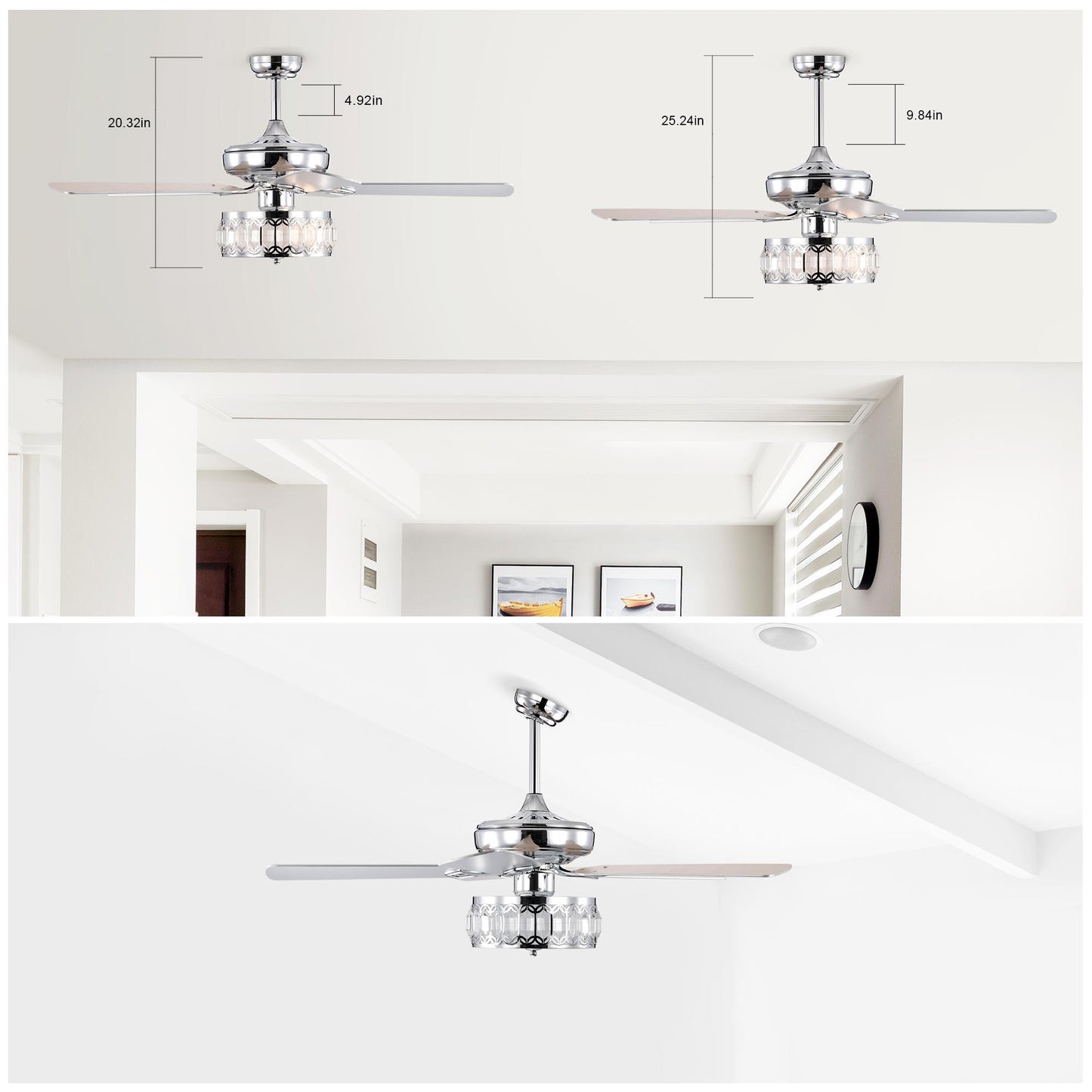 52" 3-Light Chrome Ceiling Fan + Remote, Traditional Farmhouse Rustic Industrial Bohemian Country Cottage Transitional Glam for Home, Kitchen, Living Room