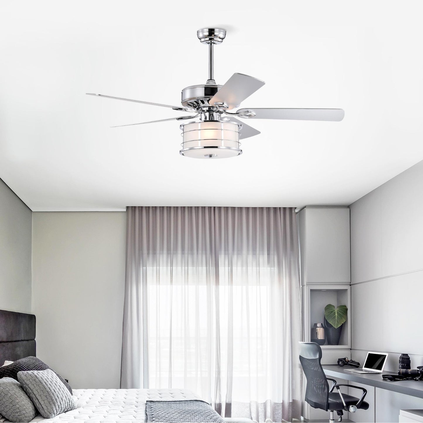 52" 3-Light Chrome Drum Shade LED Ceiling Fan + Remote, Traditional Farmhouse Rustic Industrial Bohemian Country Cottage Transitional Glam for Home, Kitchen, Living Room