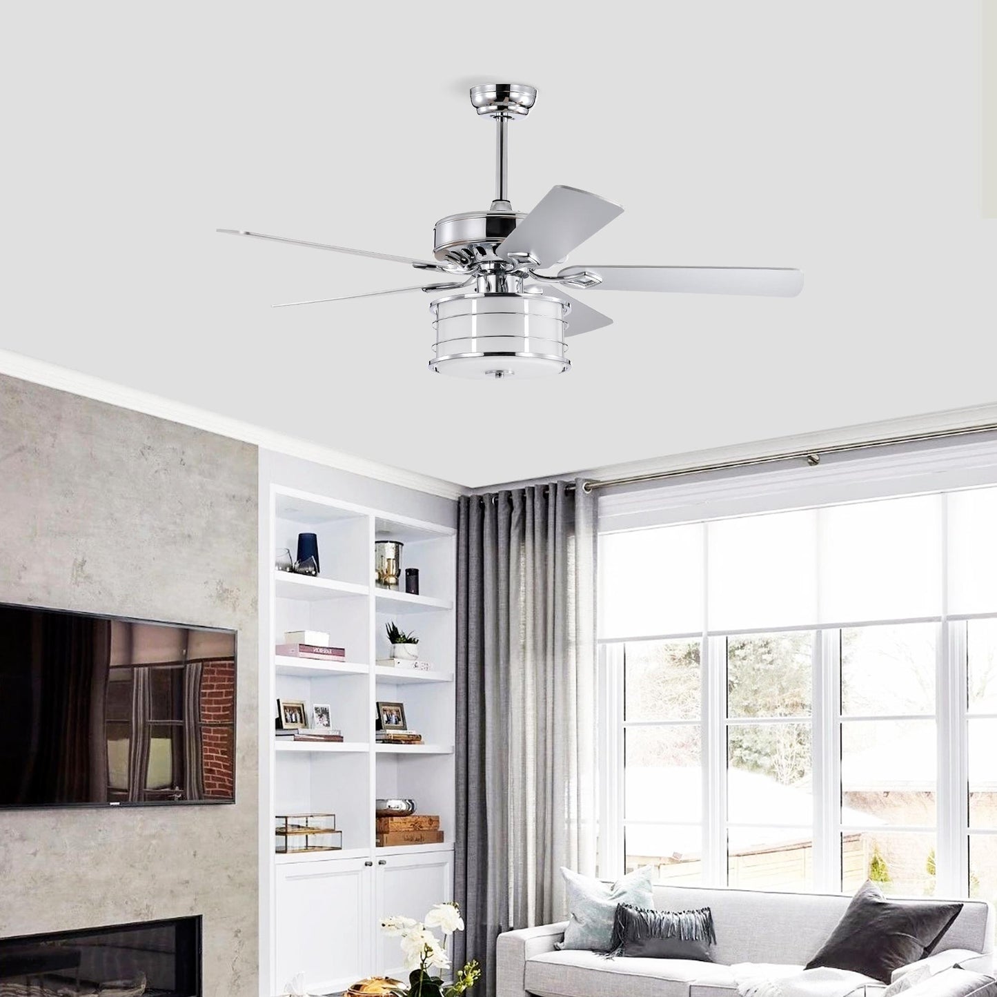 52" 3-Light Chrome Drum Shade LED Ceiling Fan + Remote, Traditional Farmhouse Rustic Industrial Bohemian Country Cottage Transitional Glam for Home, Kitchen, Living Room