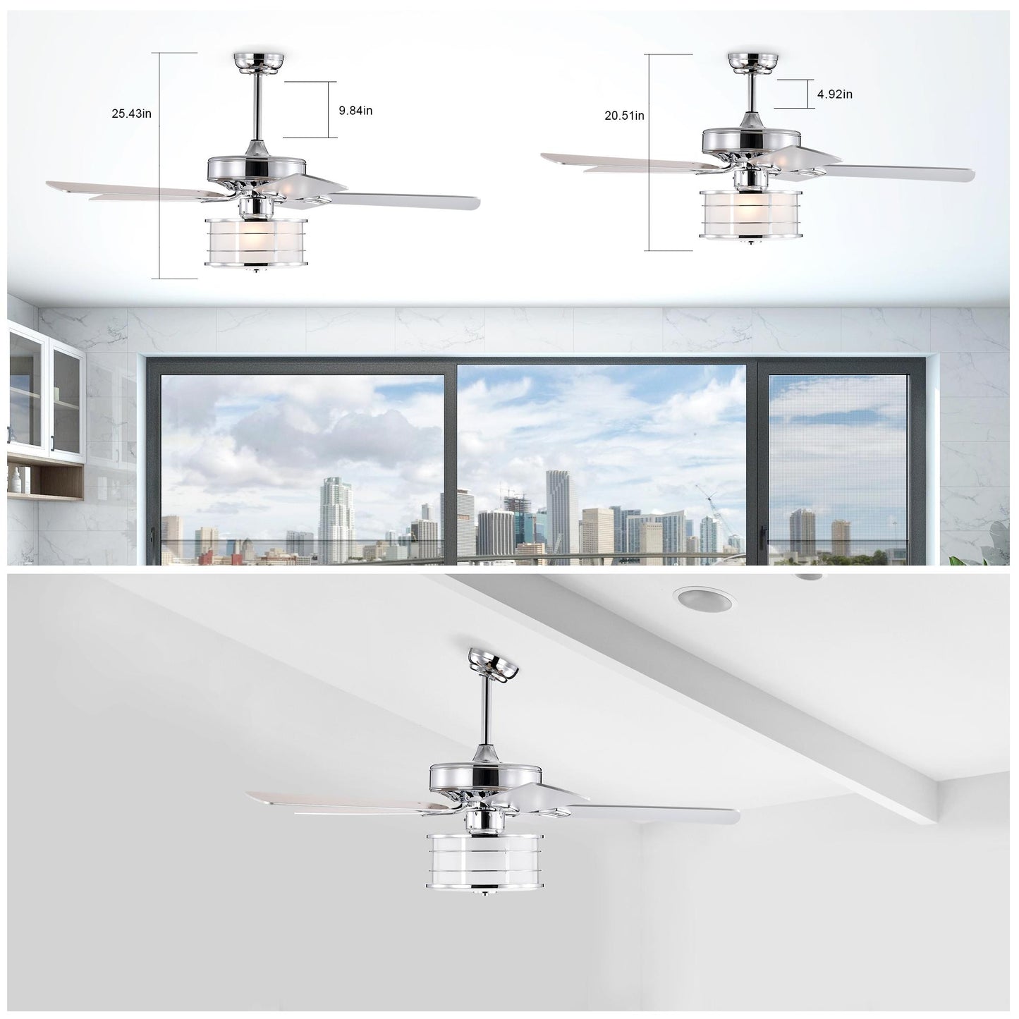 52" 3-Light Chrome Drum Shade LED Ceiling Fan + Remote, Traditional Farmhouse Rustic Industrial Bohemian Country Cottage Transitional Glam for Home, Kitchen, Living Room