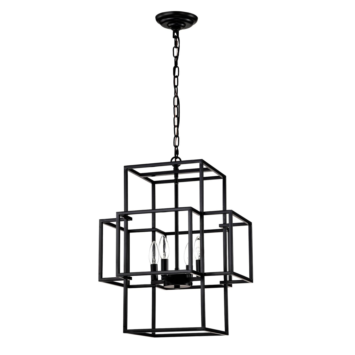 4-Light Metal Lantern Tiered Pendant Hanging Light Fixtures, Industrial Farmhouse Adjustable Height Chandeliers for Dining Room Hallway Foyer Entryway--Matte Black (E12 Bulbs Not Included)
